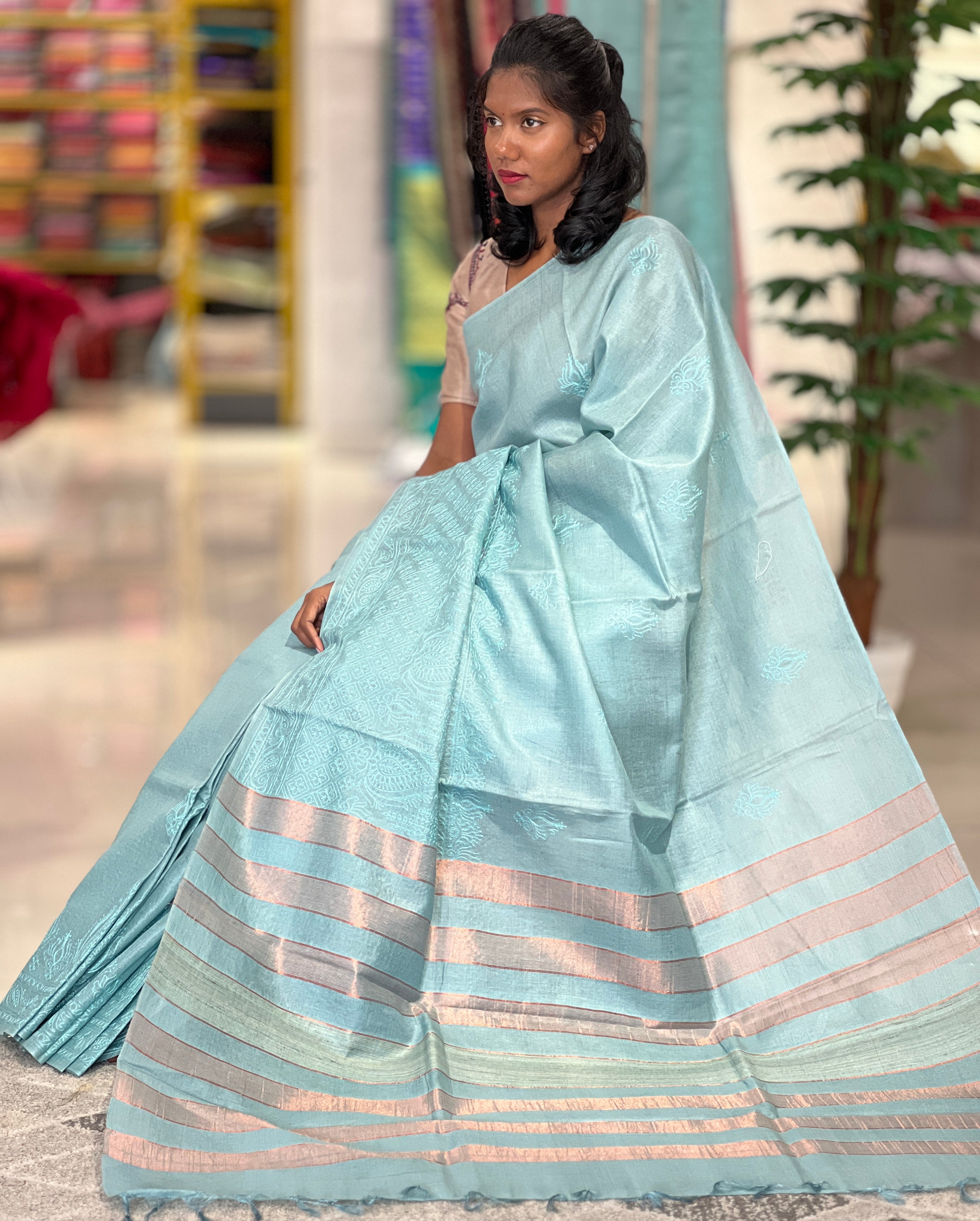 Machine Embroidered Bamboo Tussar Saree | MNH411
