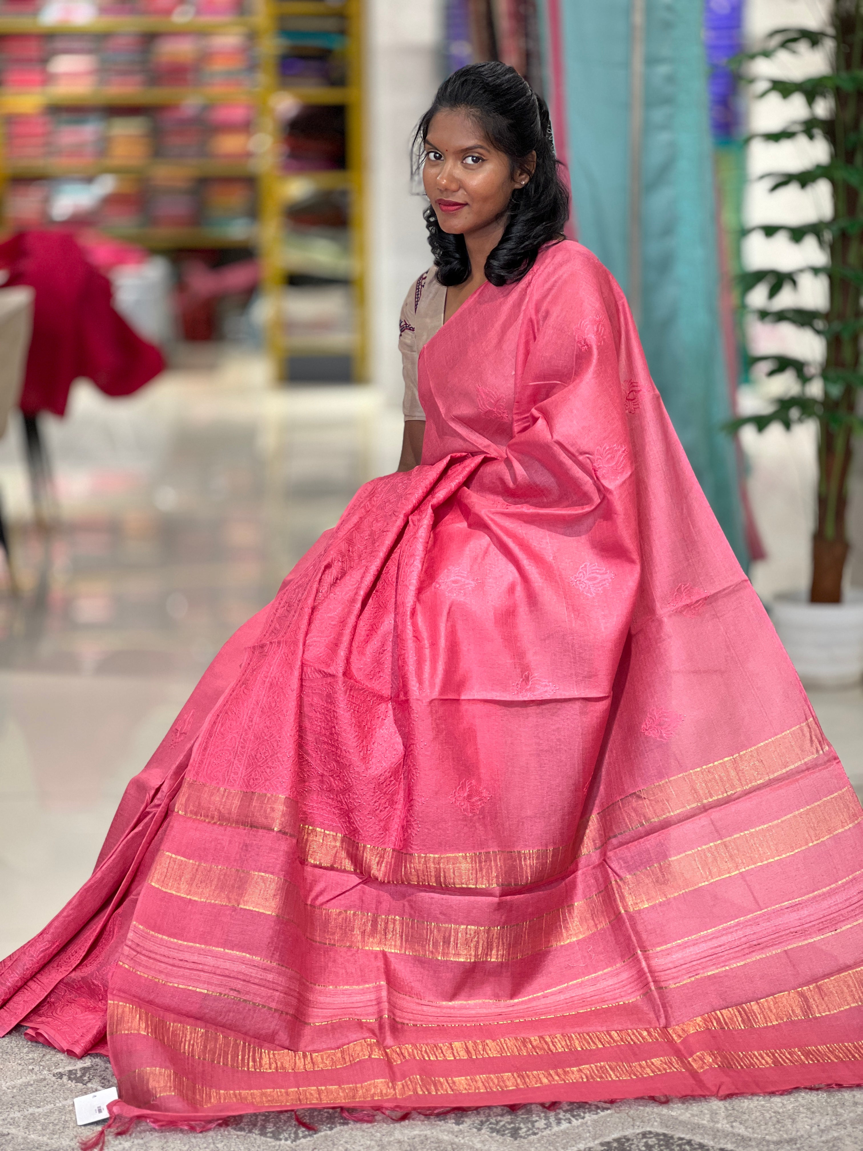 Machine Embroidered Bamboo Tussar Saree | MNH417