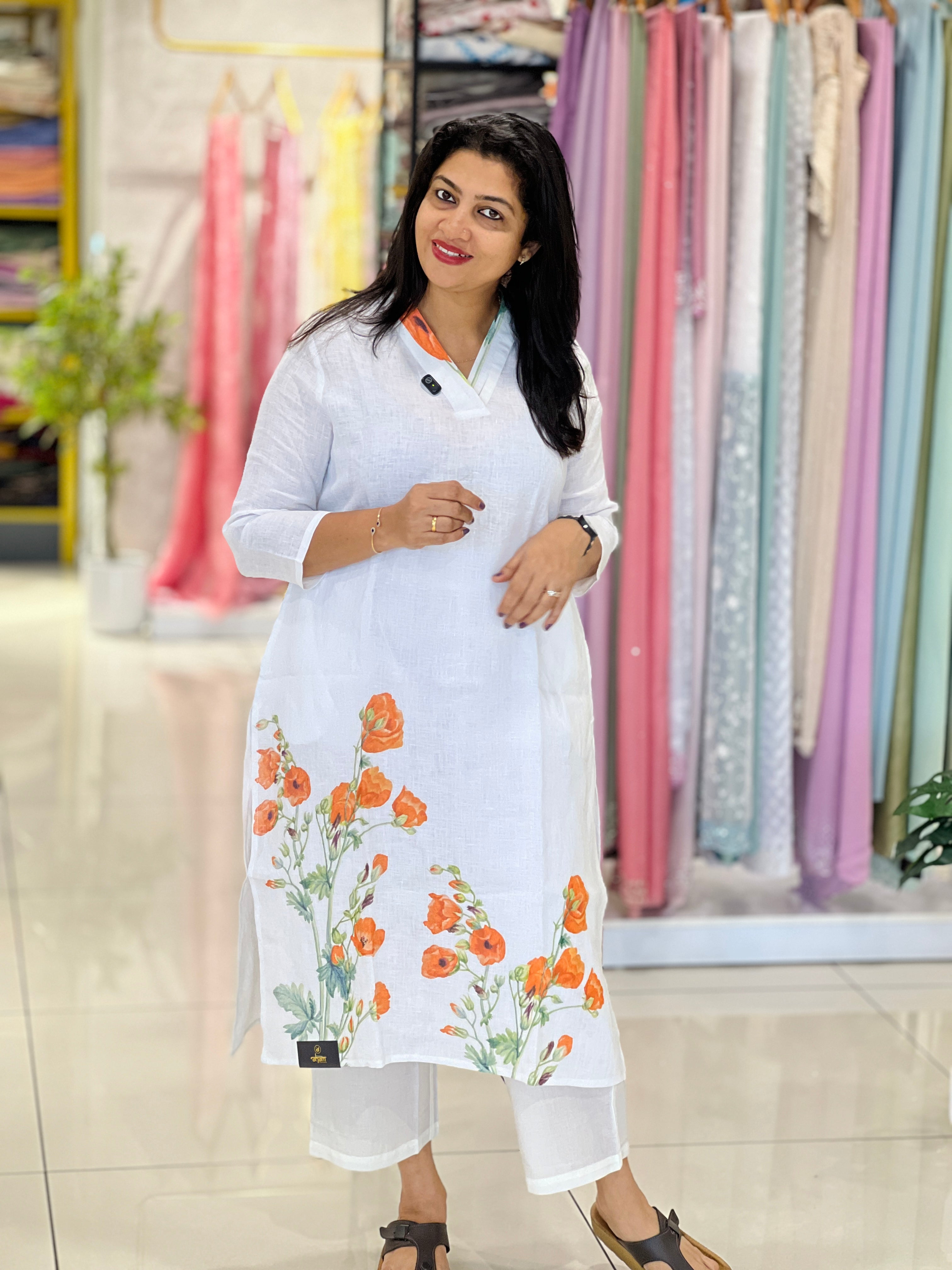 Digital Printed Floral Pattern Linen Kurta Set | RAG108