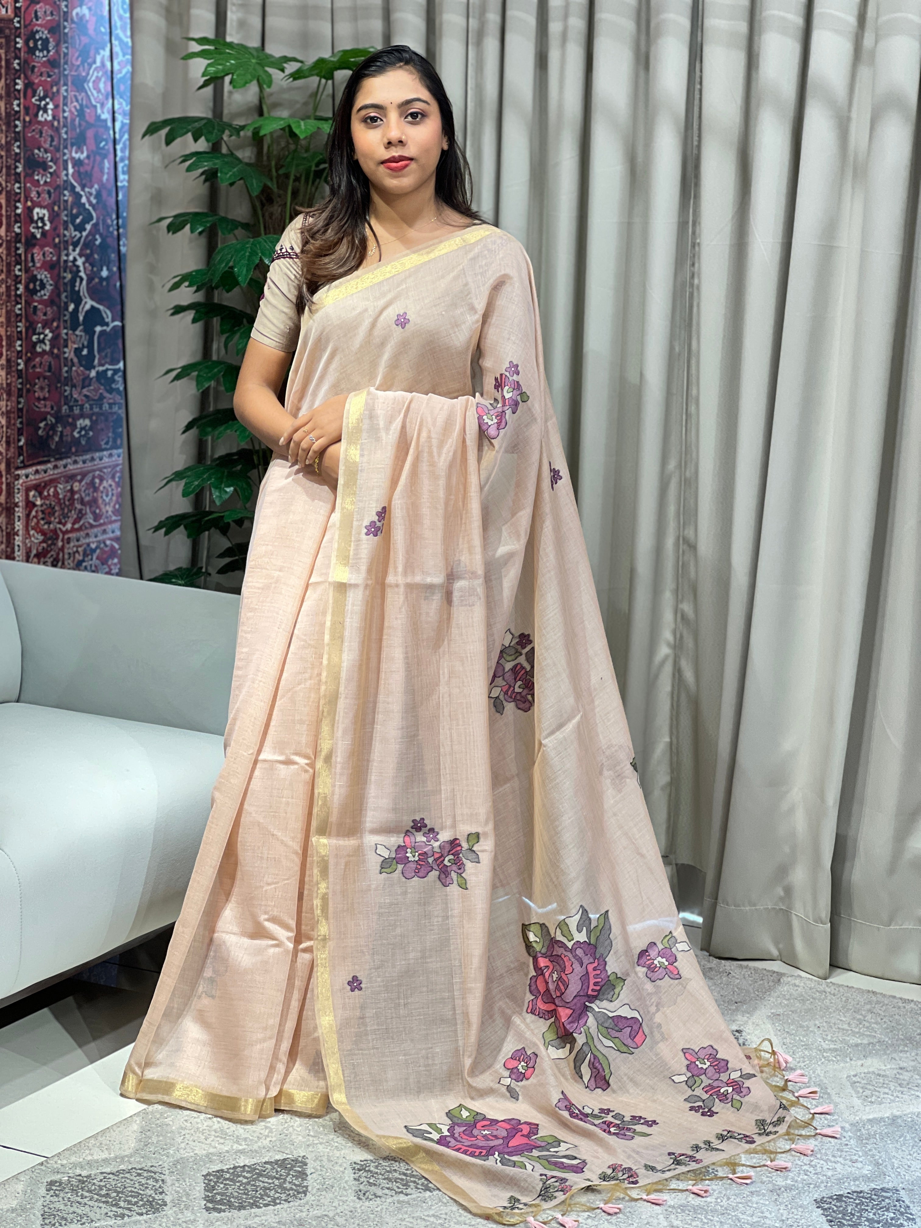 Multi-Color Floral Detailed Chanderi Saree | AYT101