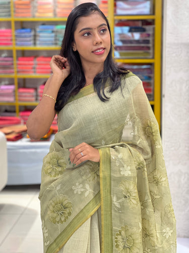 Floral Print With Pitta Work Highlighted Tissue Linen Saree | KSD277