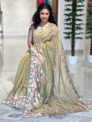 Machine Embroidered Crushed Tissue Organza Saree | RGD584