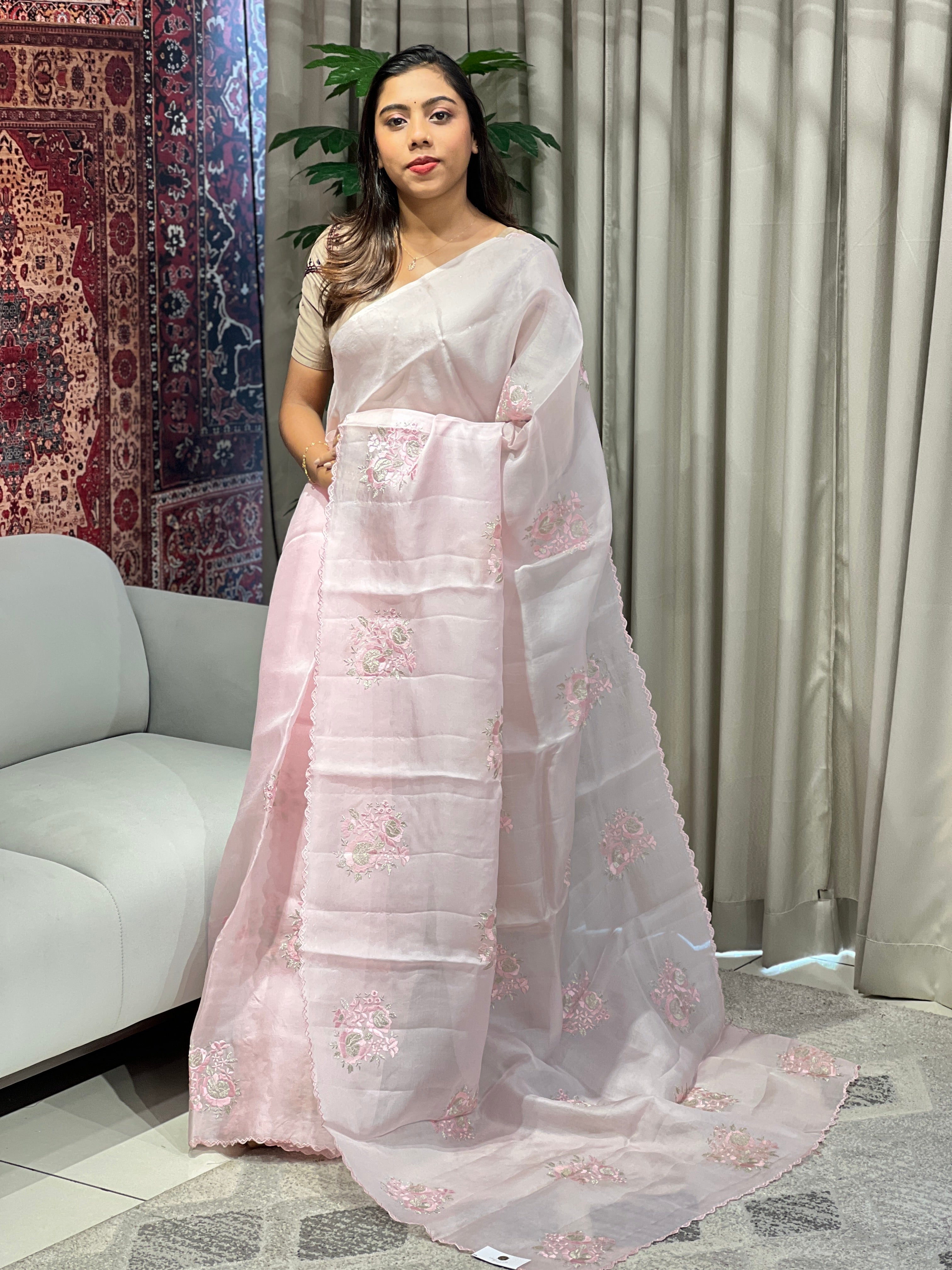 Floral Embroidery Detailed Pure Organza Saree | YNG814