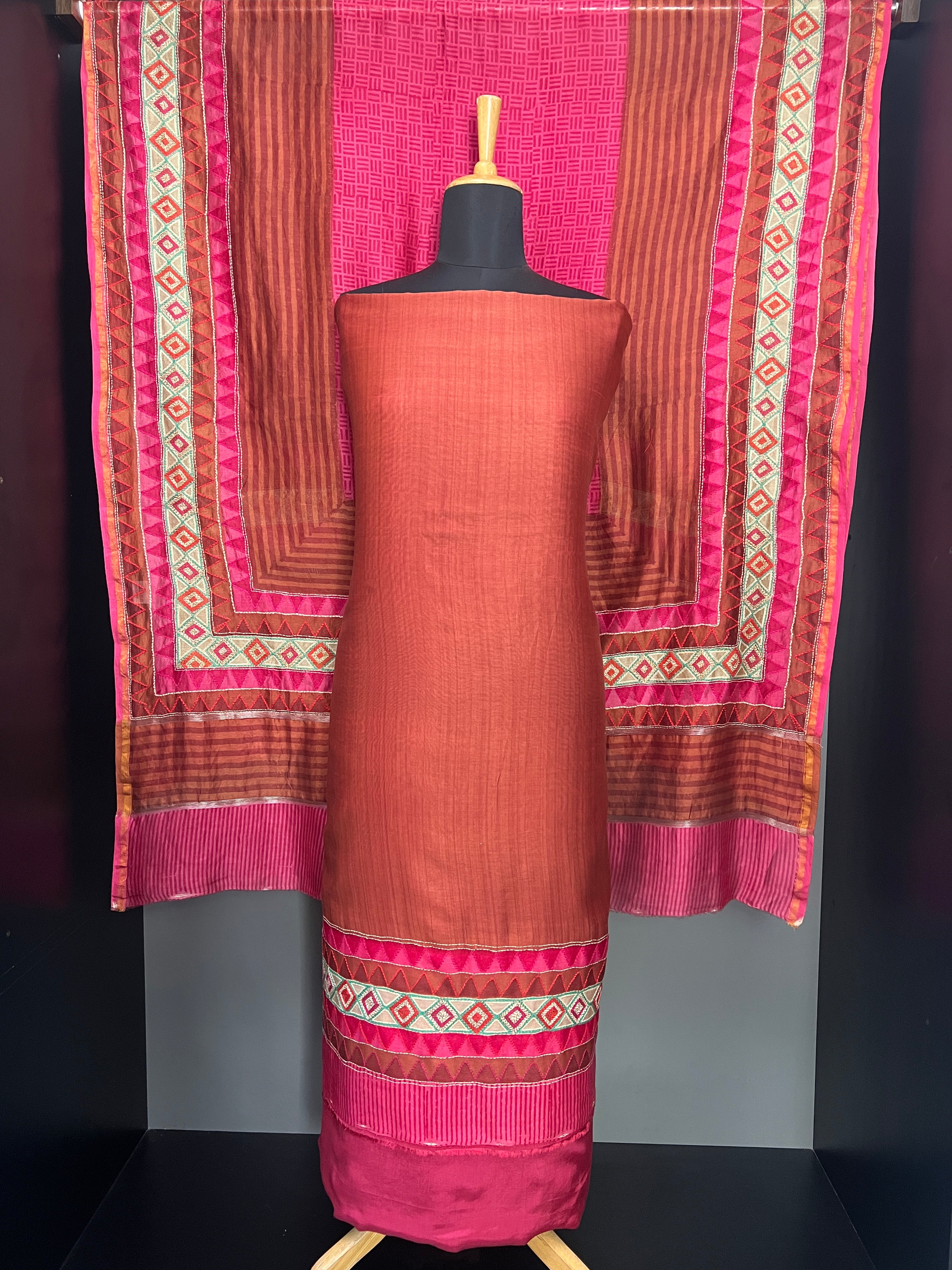 Print With Embroidery Detailed Chanderi Silk Salwar Set | LV546