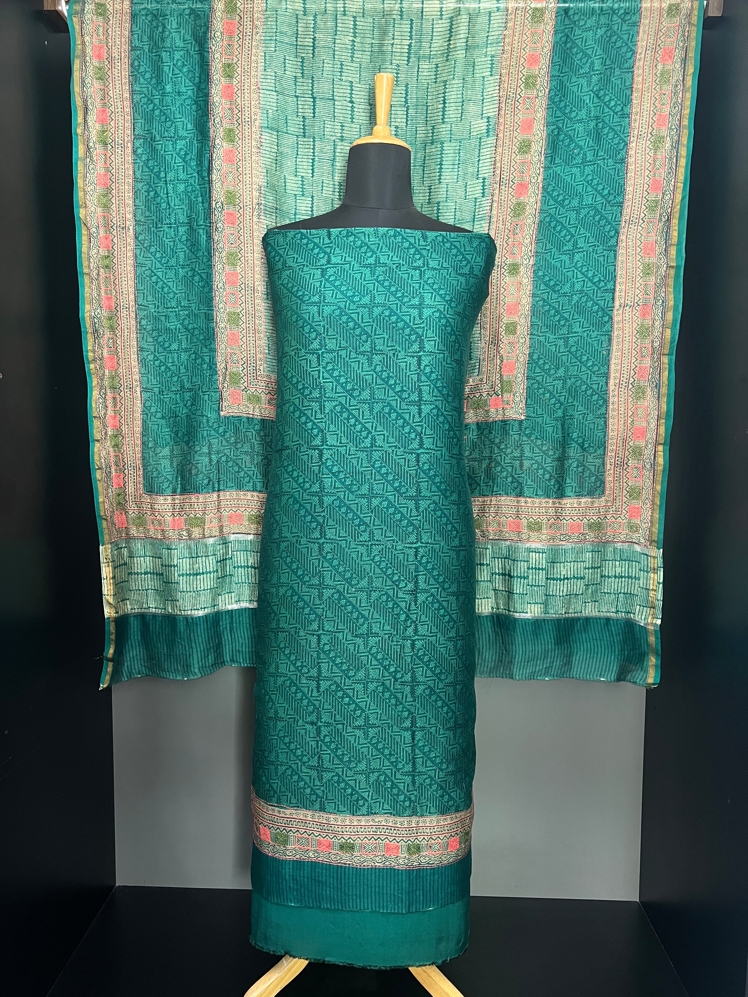 Print With Embroidery Detailed Chanderi Silk Salwar Set | LV545