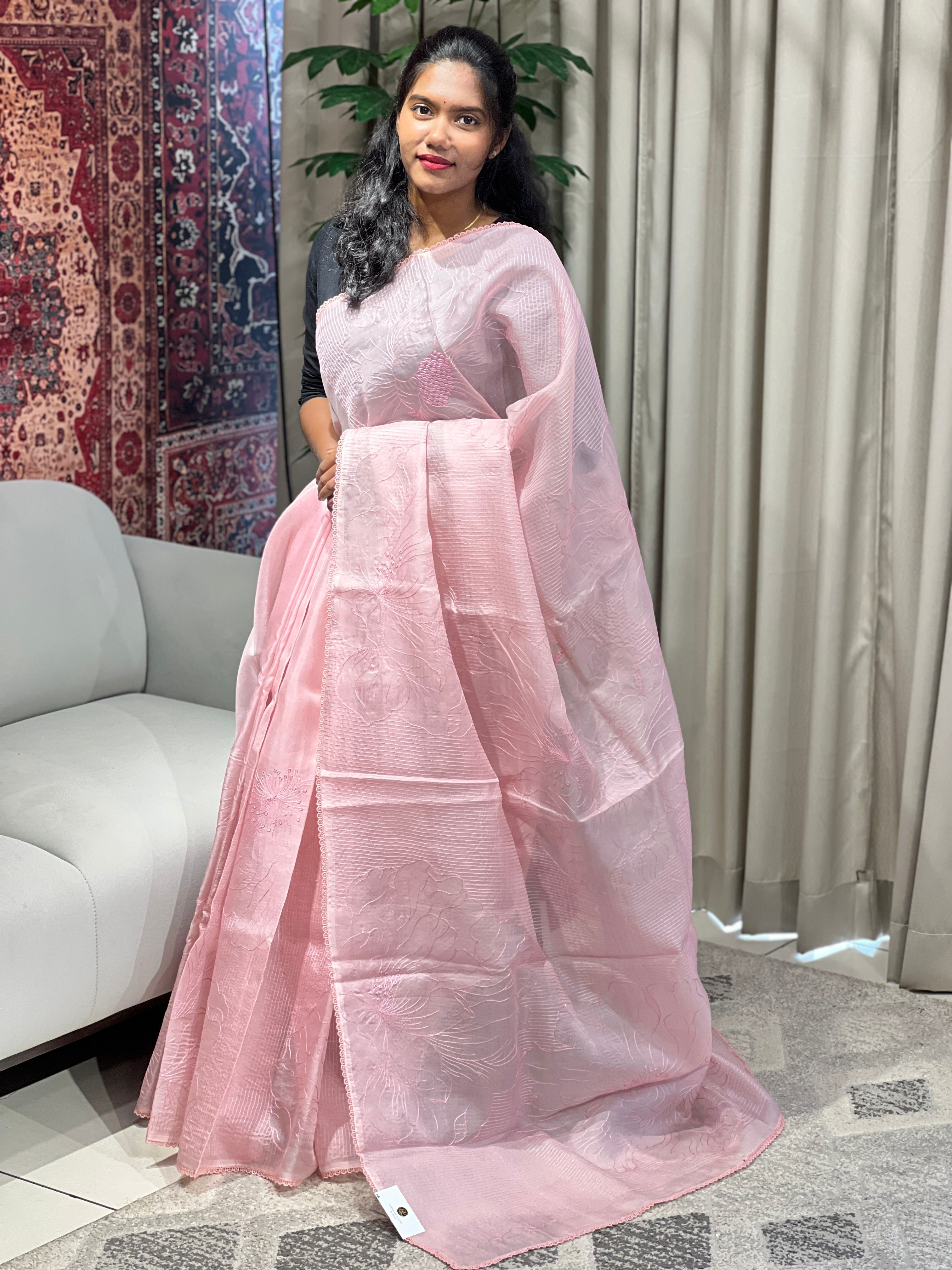 Floral Machine Embroidery Detailed Pure Organza Saree |YNG816