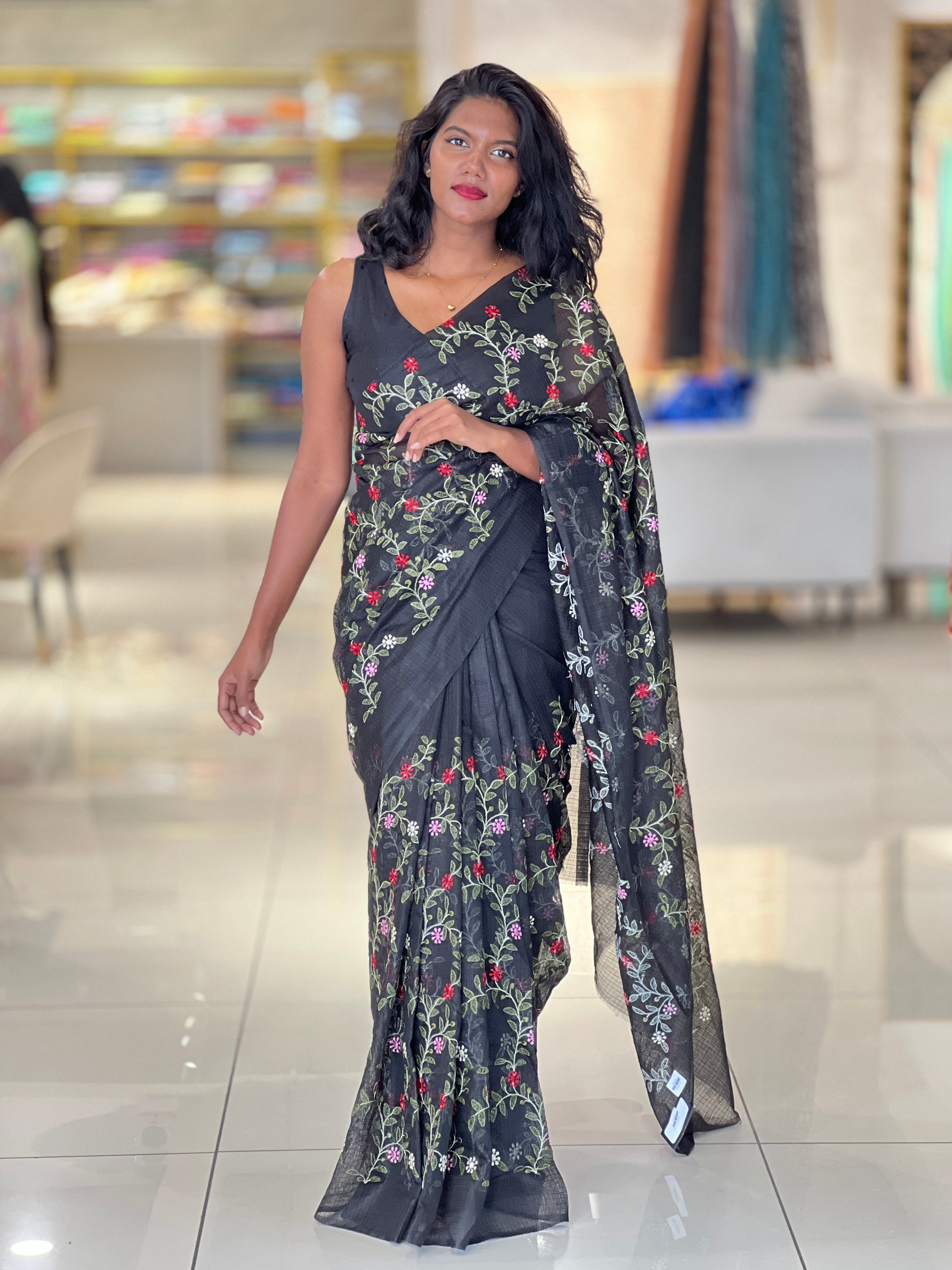Floral Embroidery Detailed Silky Kota Saree | NHH476