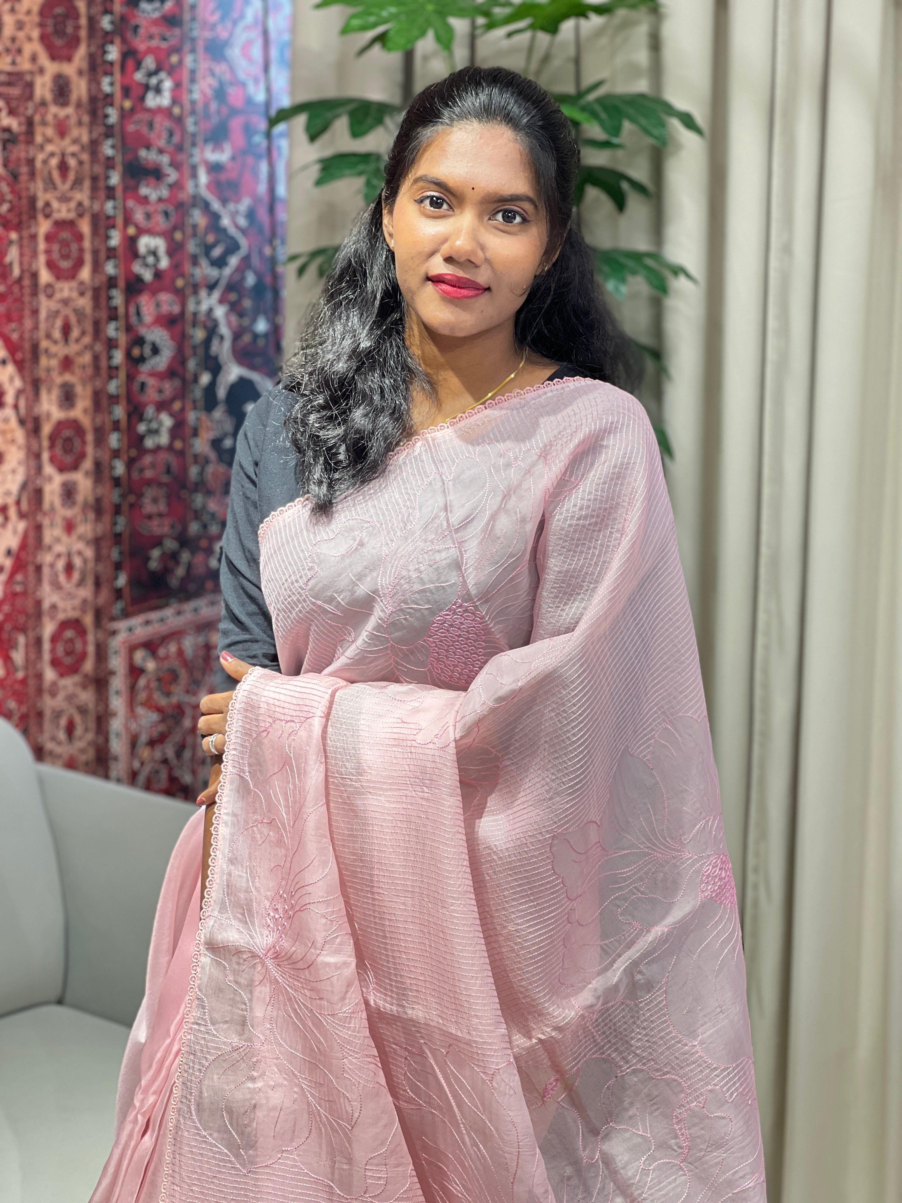 Floral Machine Embroidery Detailed Pure Organza Saree |YNG816