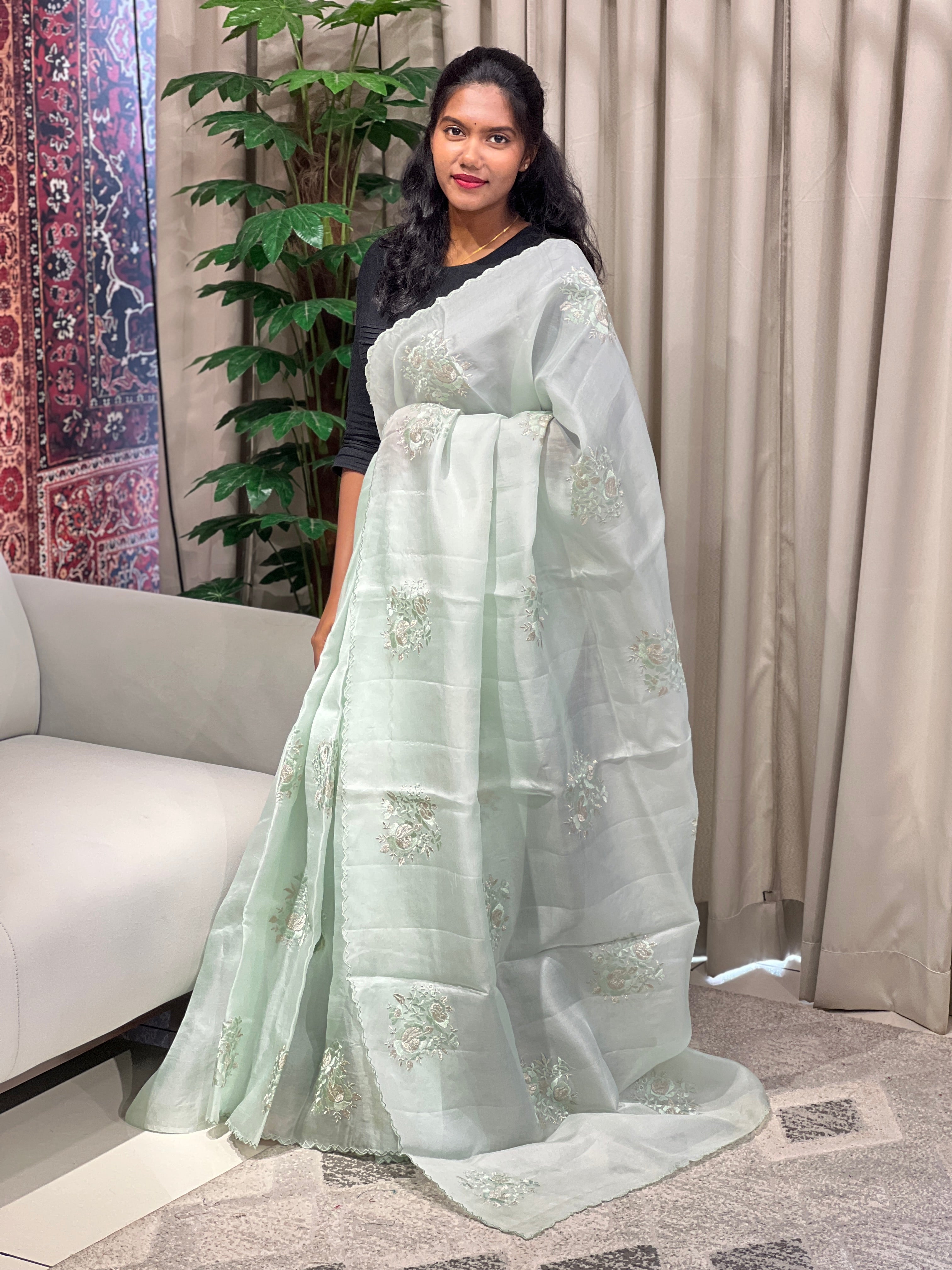 Floral Embroidery Detailed Pure Organza Saree | YNG815