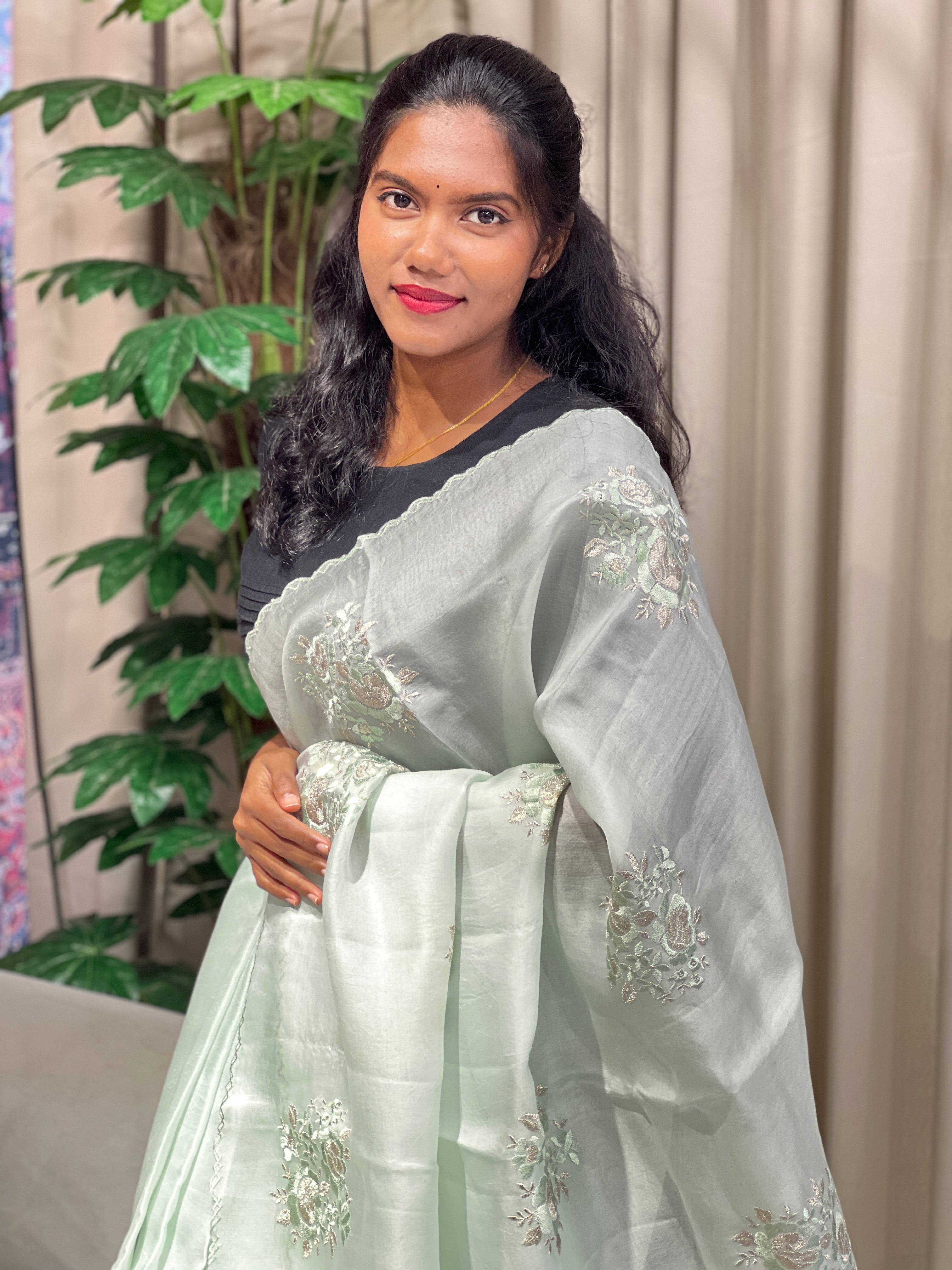 Floral Embroidery Detailed Pure Organza Saree | YNG815