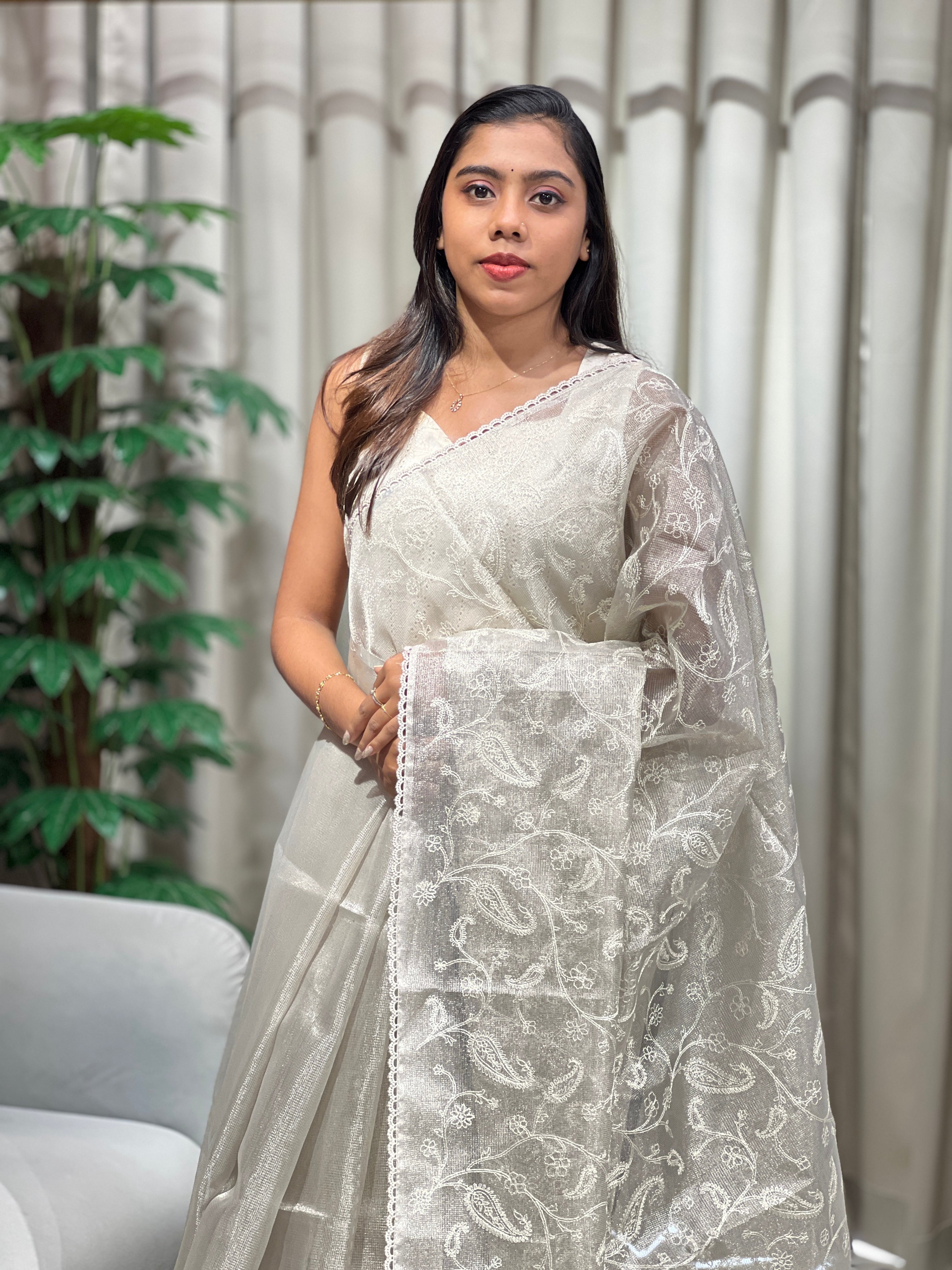 Paisley Embroidery Detailed Tissue Organza Saree | PKS163