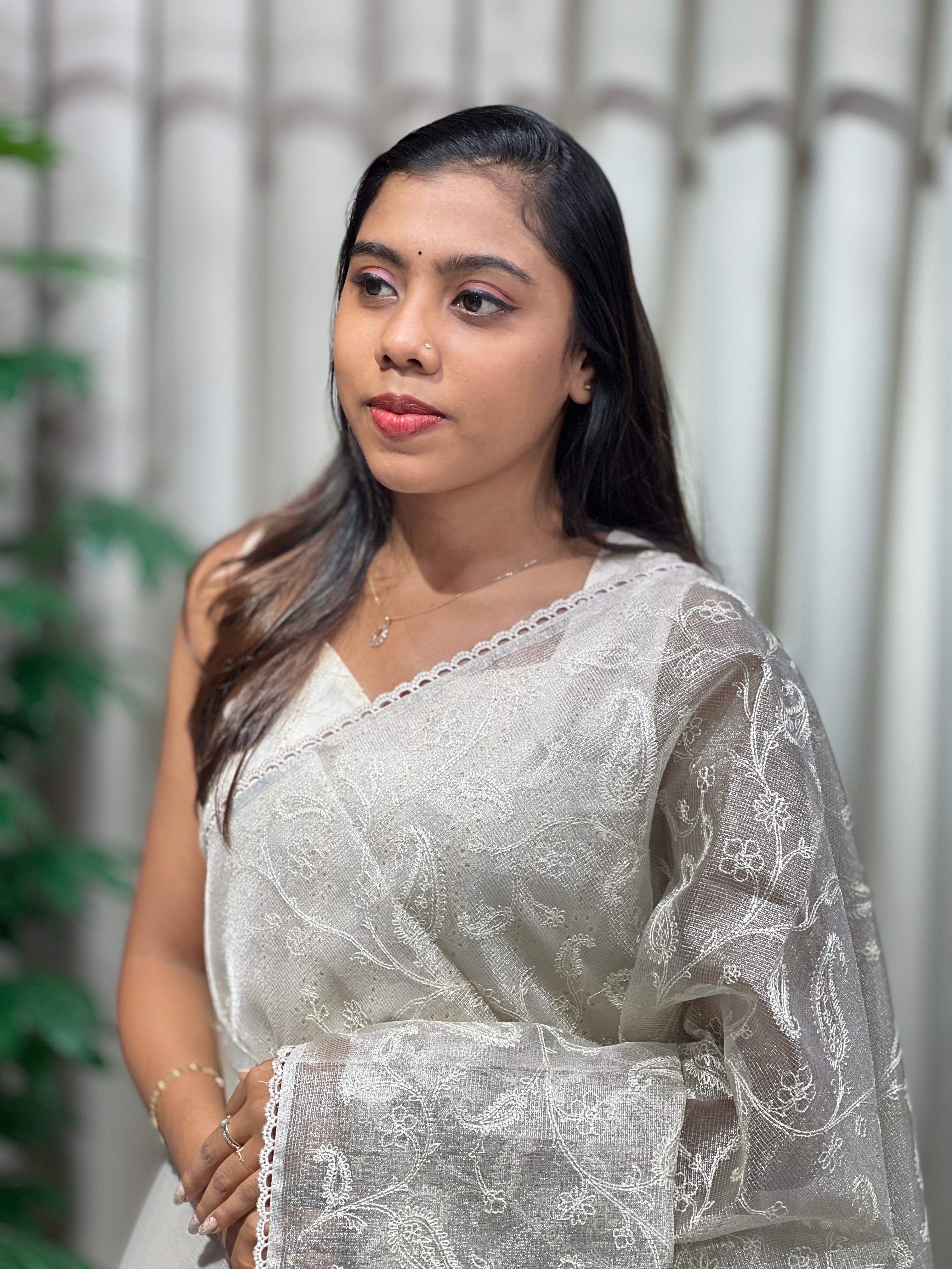 Paisley Embroidery Detailed Tissue Organza Saree | PKS163