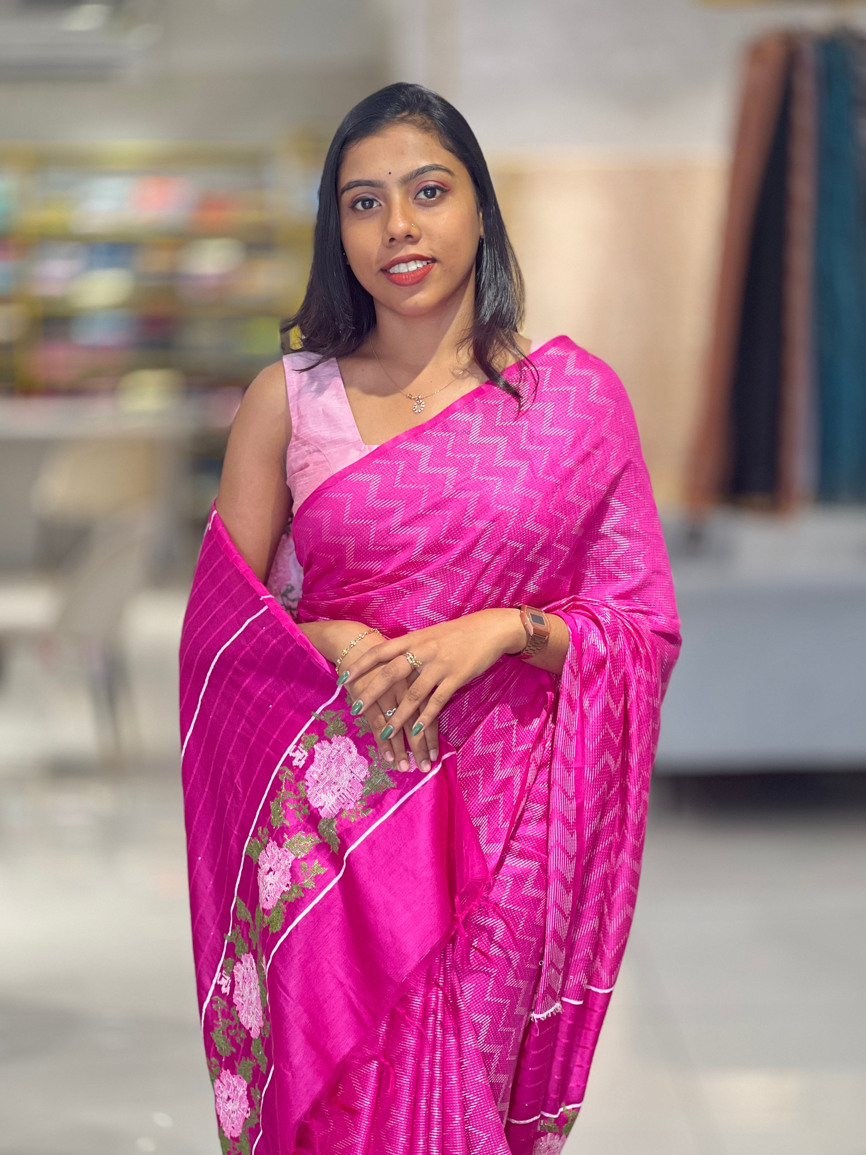 Zig Zag Weaving Bhagalpuri Linen Saree | NHH349