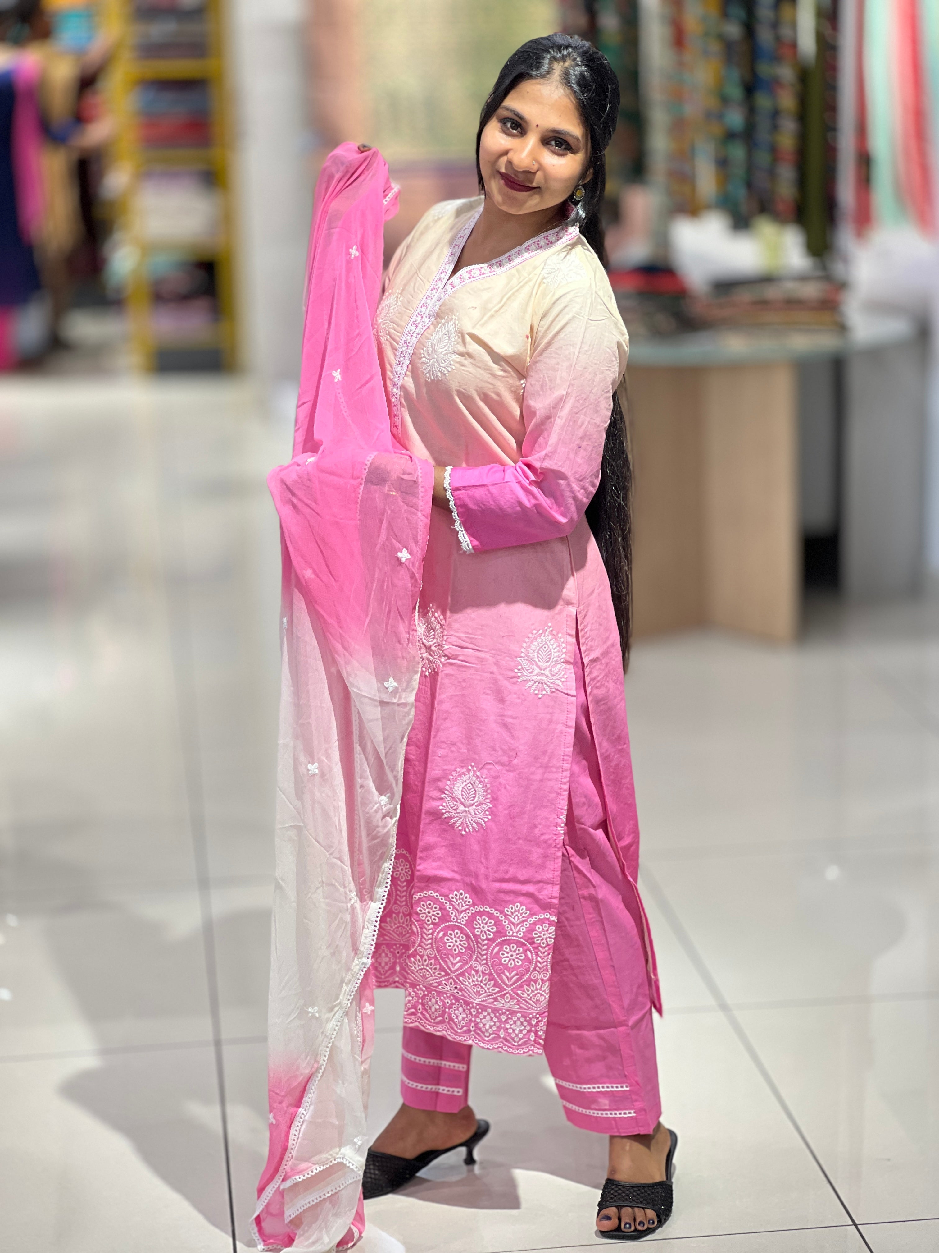 Thread Embroidered Double Shaded Cotton Kurta Set | FW295