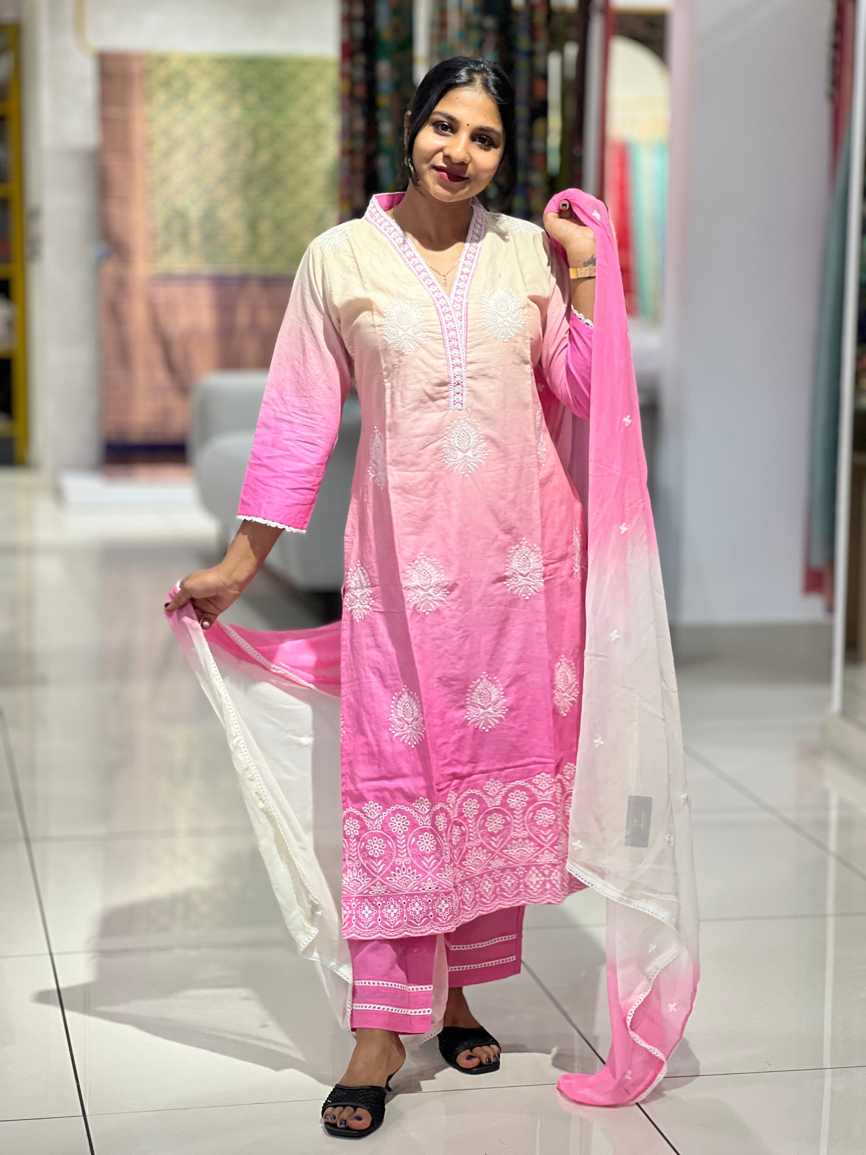 Thread Embroidered Double Shaded Cotton Kurta Set | FW295