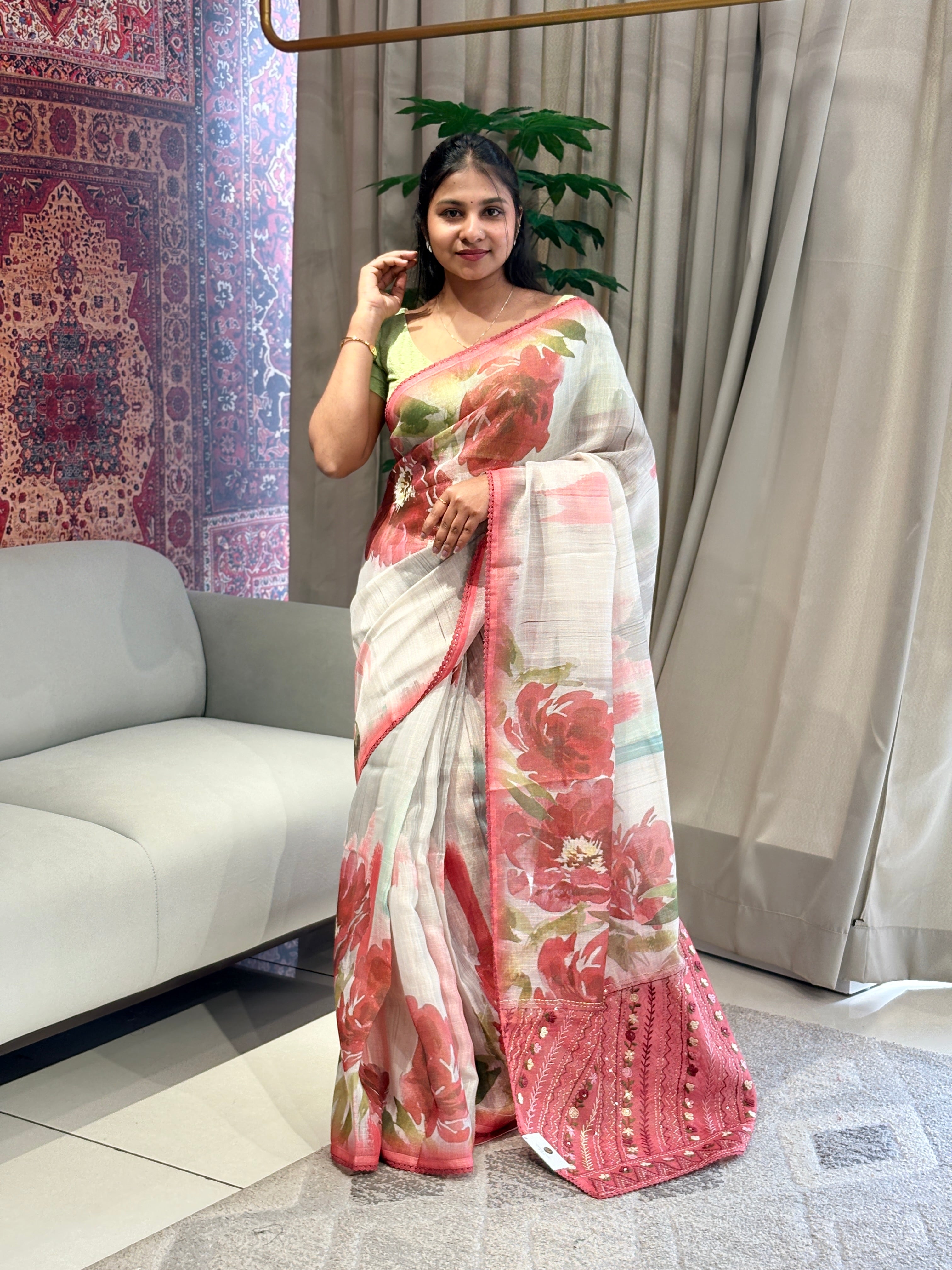 Floral Print With Hand Embroidered Tissue Linen Saree | BLD1921