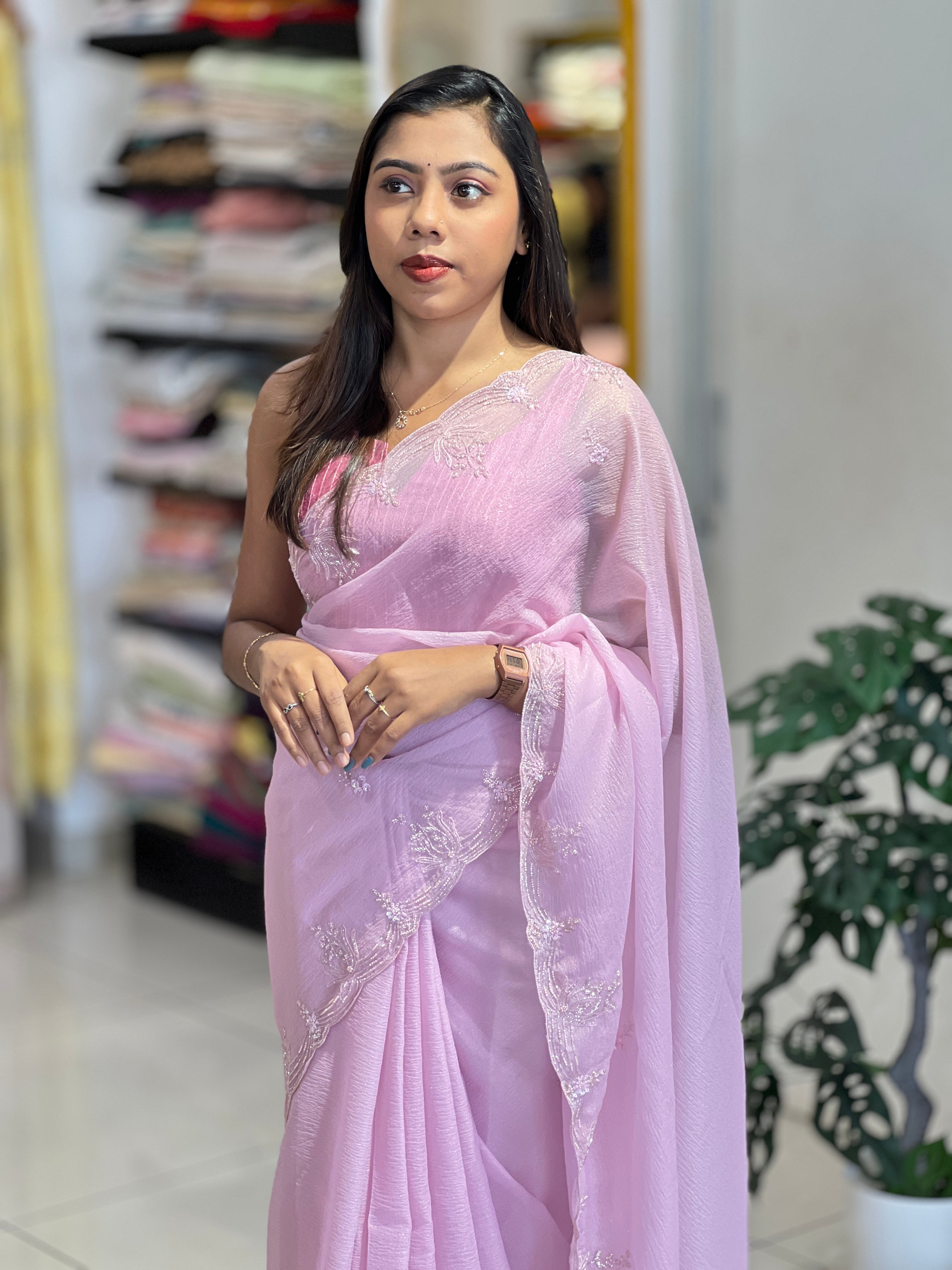 Beads & Sequins Detailed Crushed Shimmer Organza Saree | SGS147