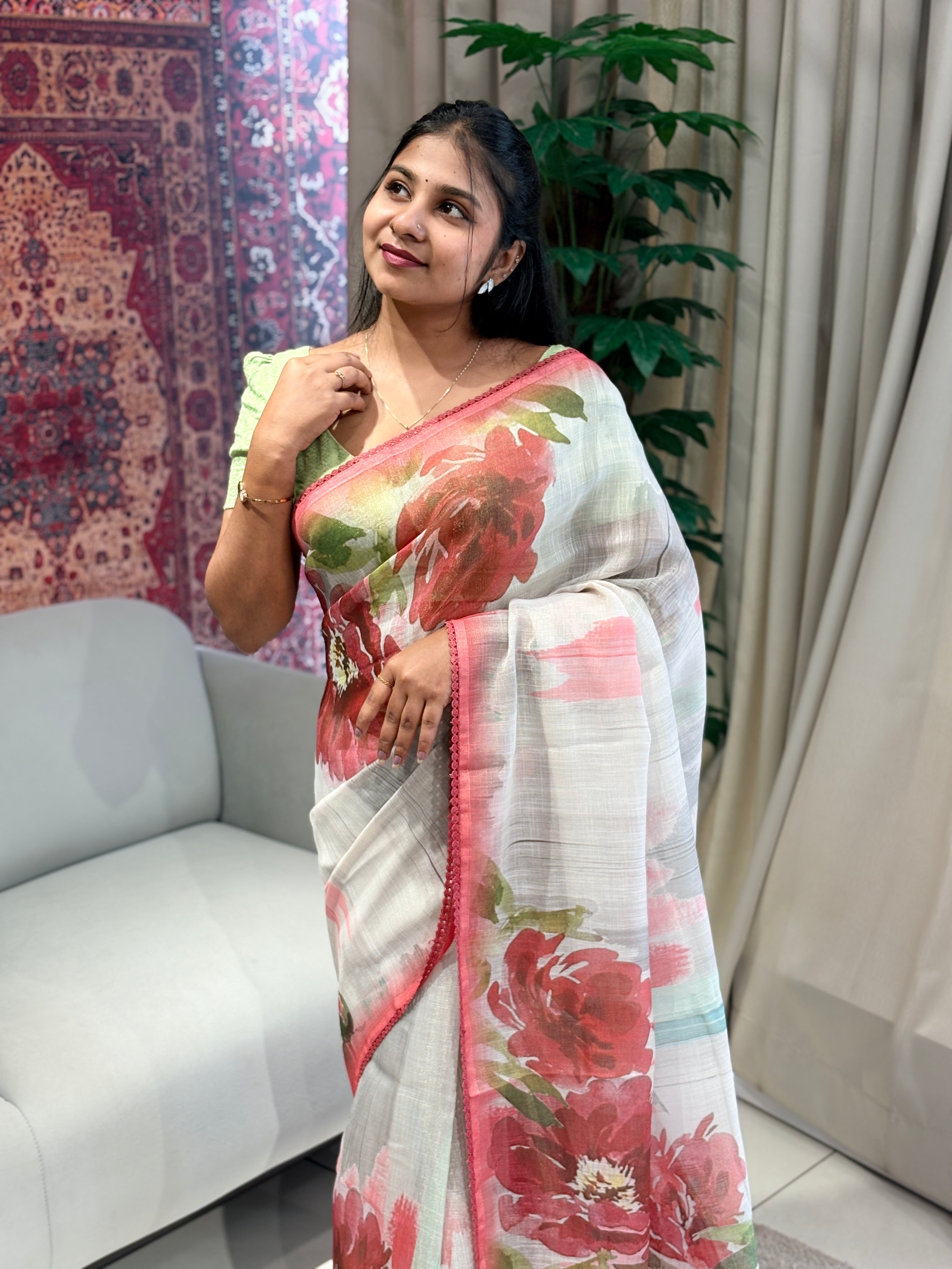 Floral Print With Hand Embroidered Tissue Linen Saree | BLD1921