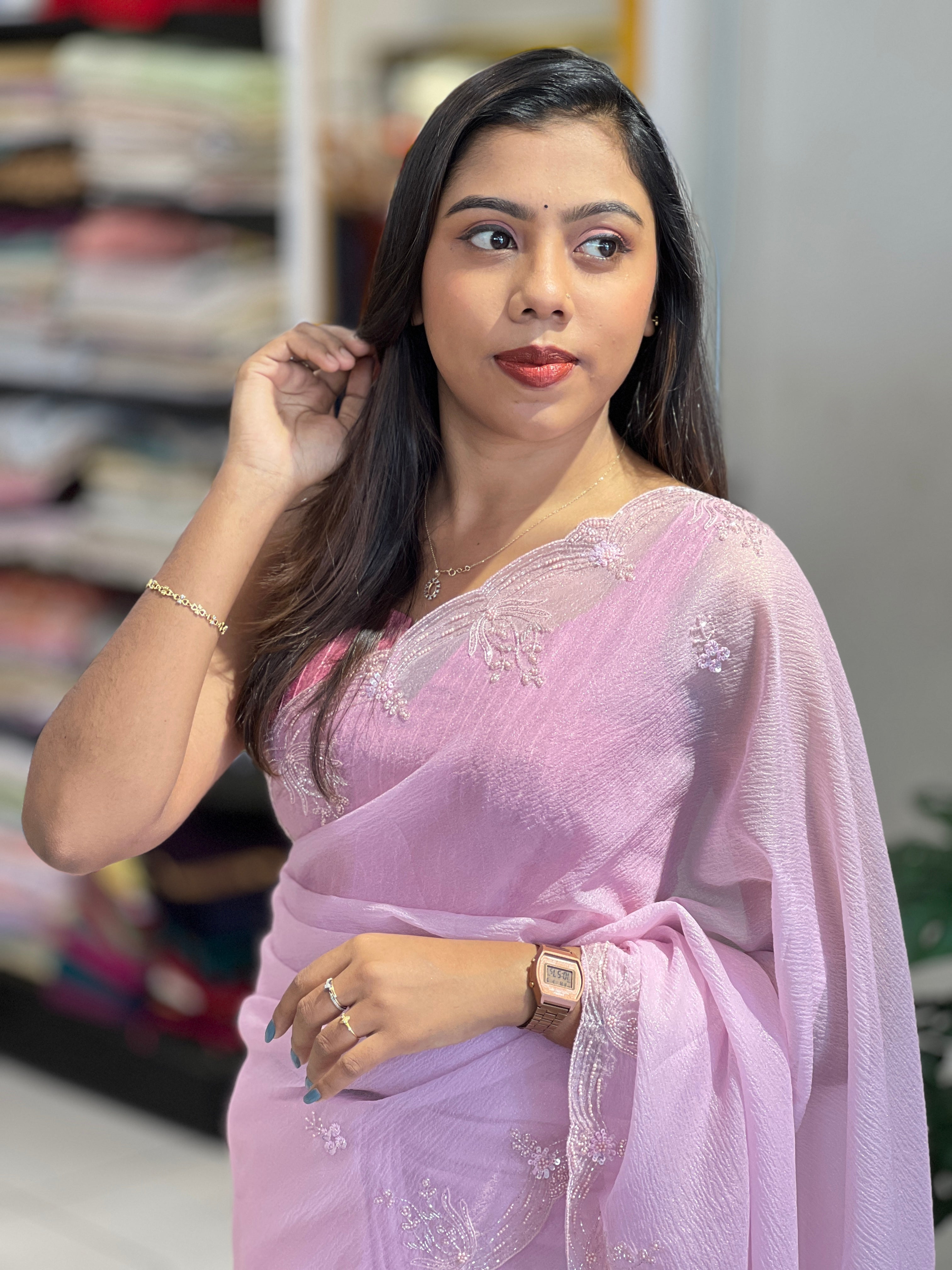 Beads & Sequins Detailed Crushed Shimmer Organza Saree | SGS147