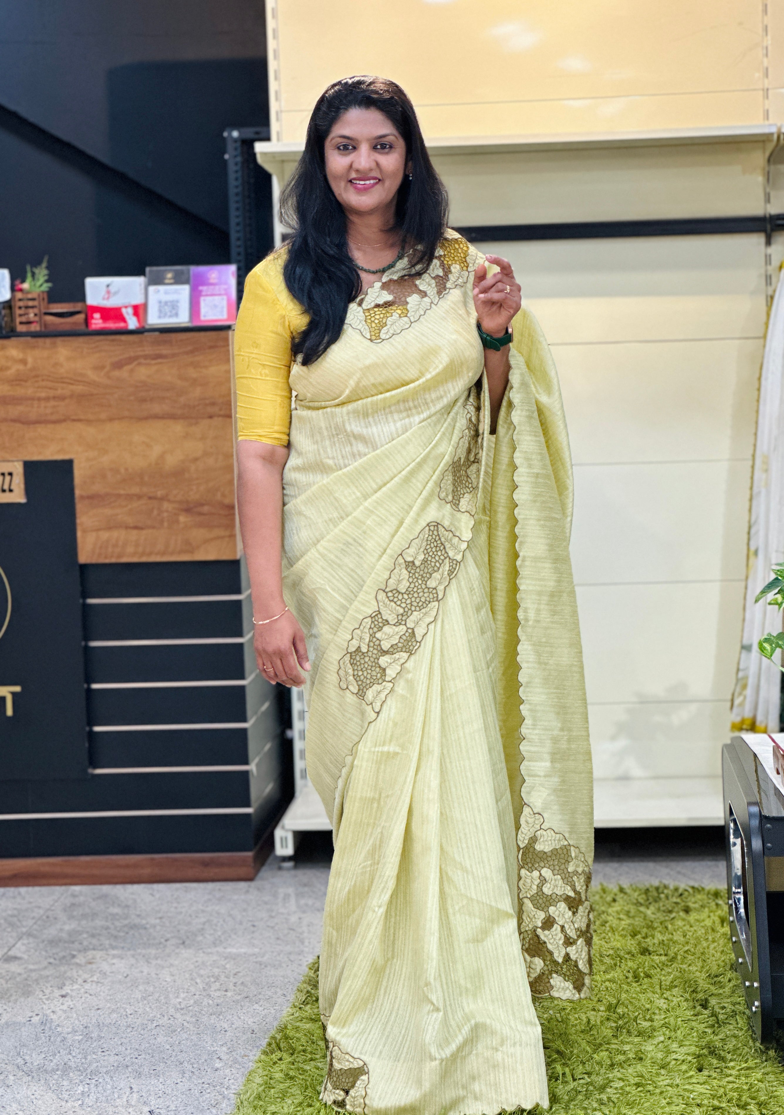 Twine Cut Work Placement Detailed Green Silk Saree | TC467