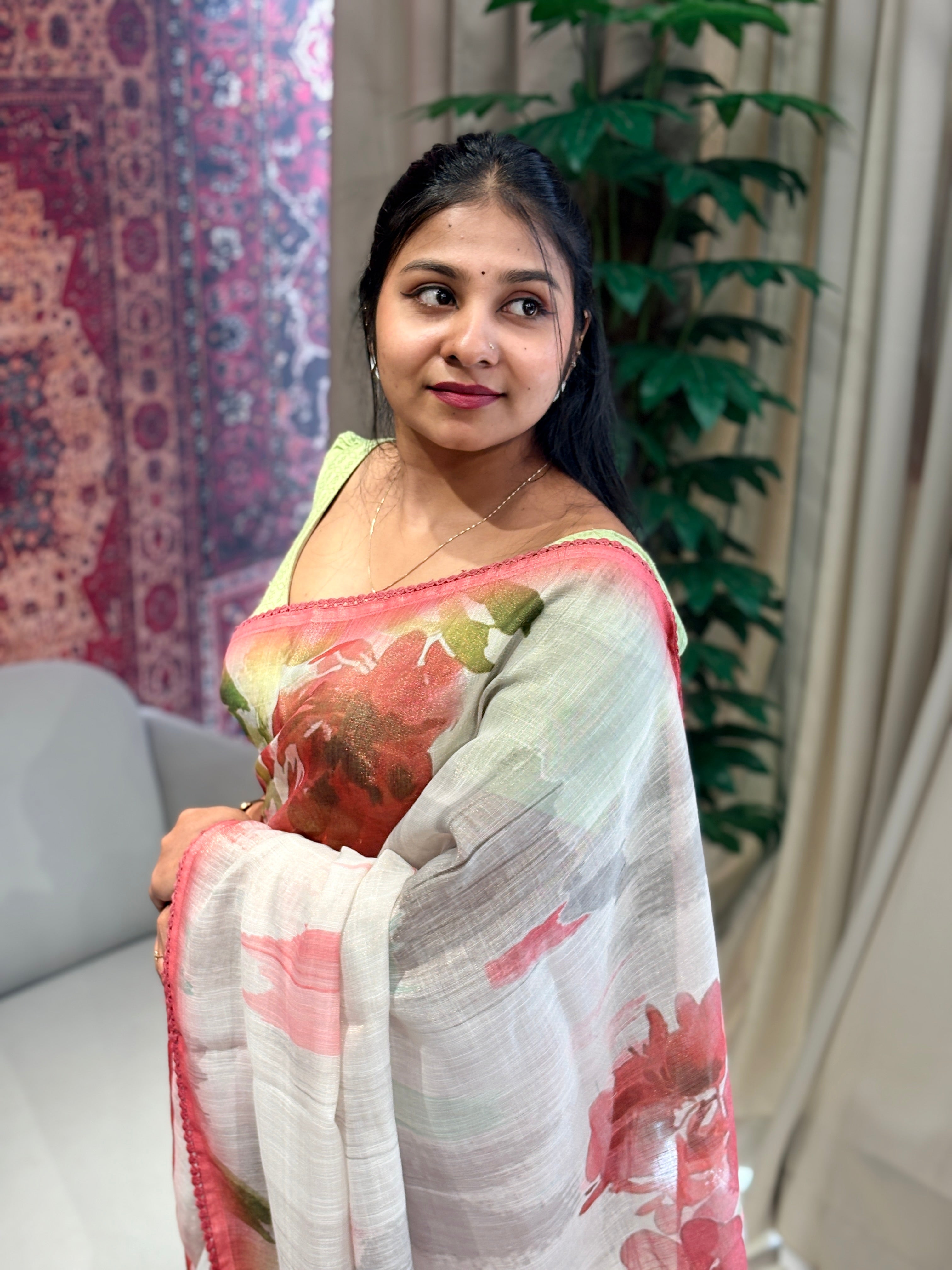 Floral Print With Hand Embroidered Tissue Linen Saree | BLD1921