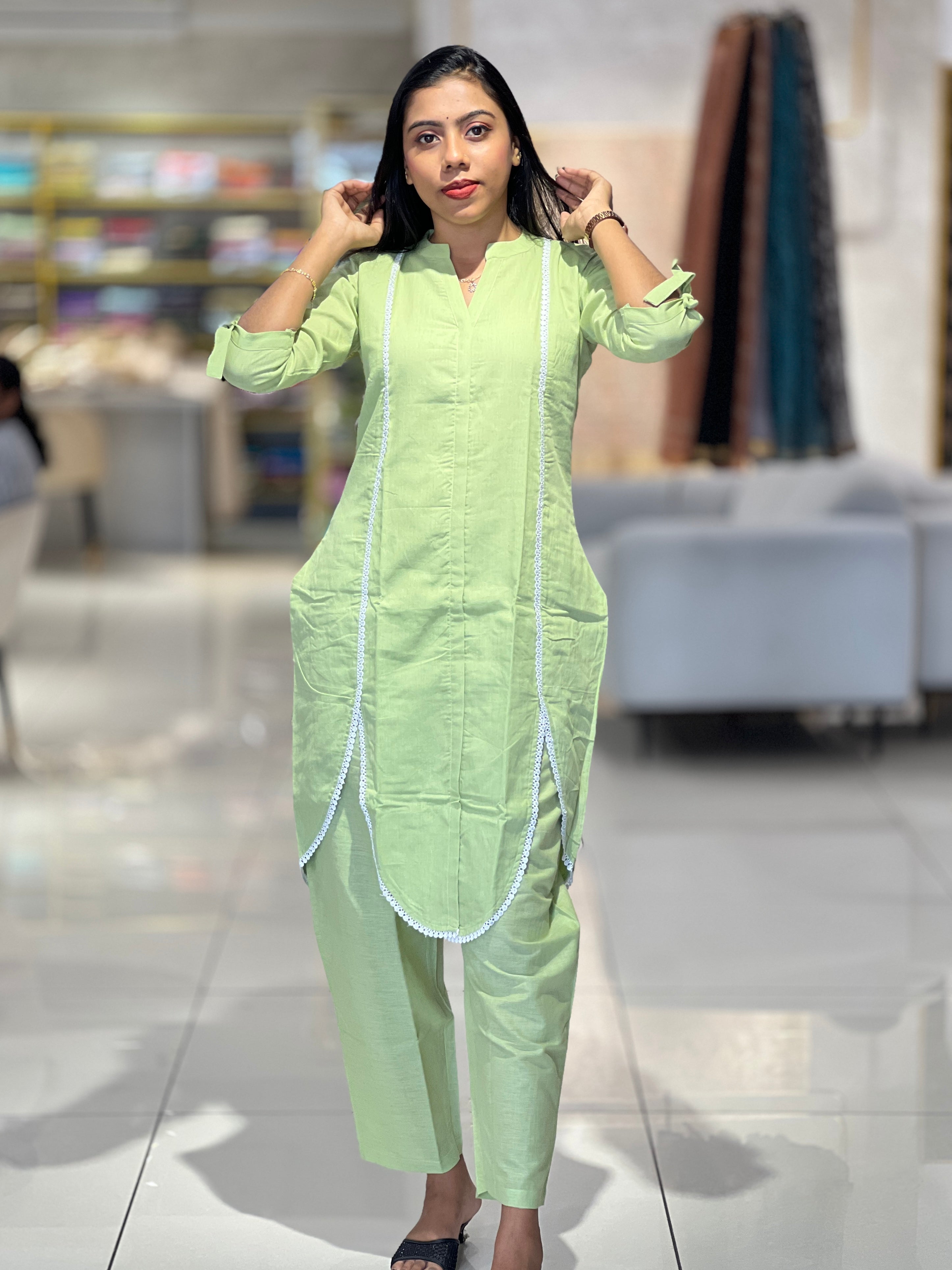 Slited Patterned Linen Cotton Kurta Top & Bottom | MSN105