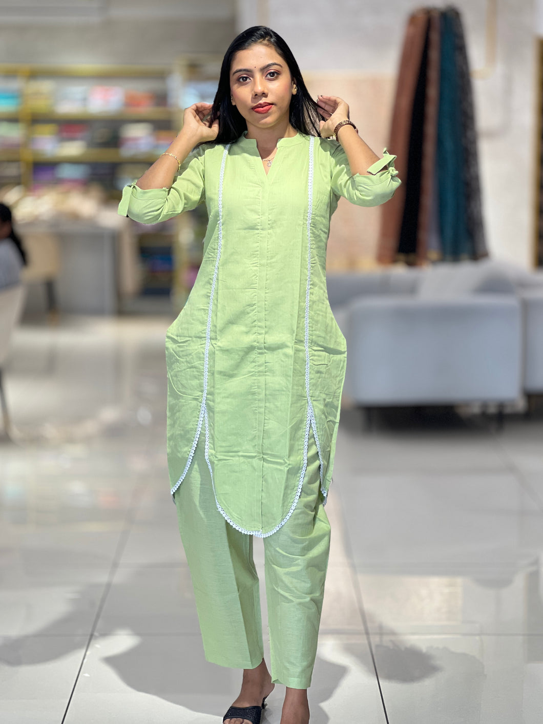 Slited Patterned Linen Cotton Kurta Top & Bottom | MSN105