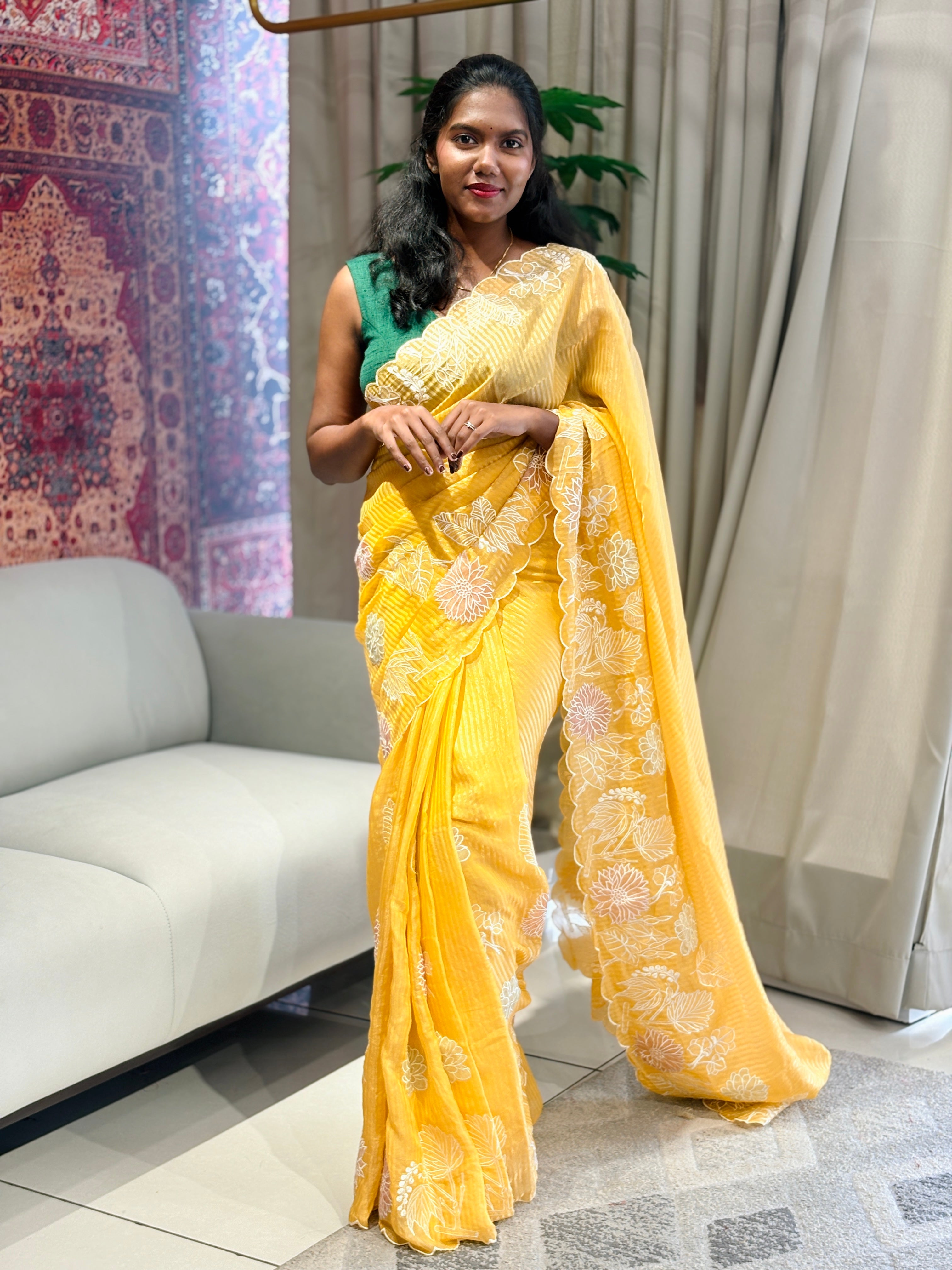 Applique Work Detailed Crushed Tissue Organza Saree | BLD1903