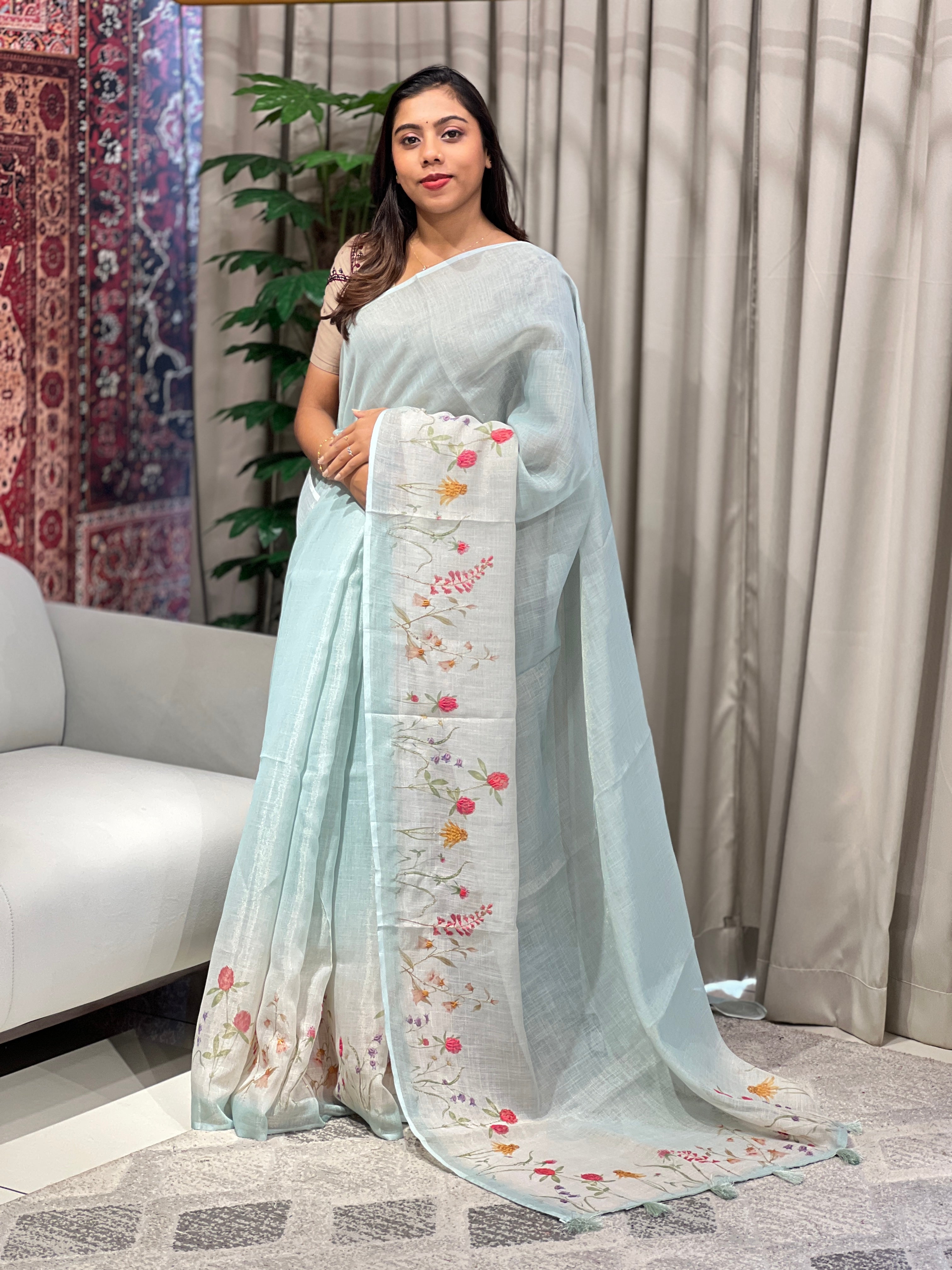 Floral Printed Tissue Linen Saree | BLD1753