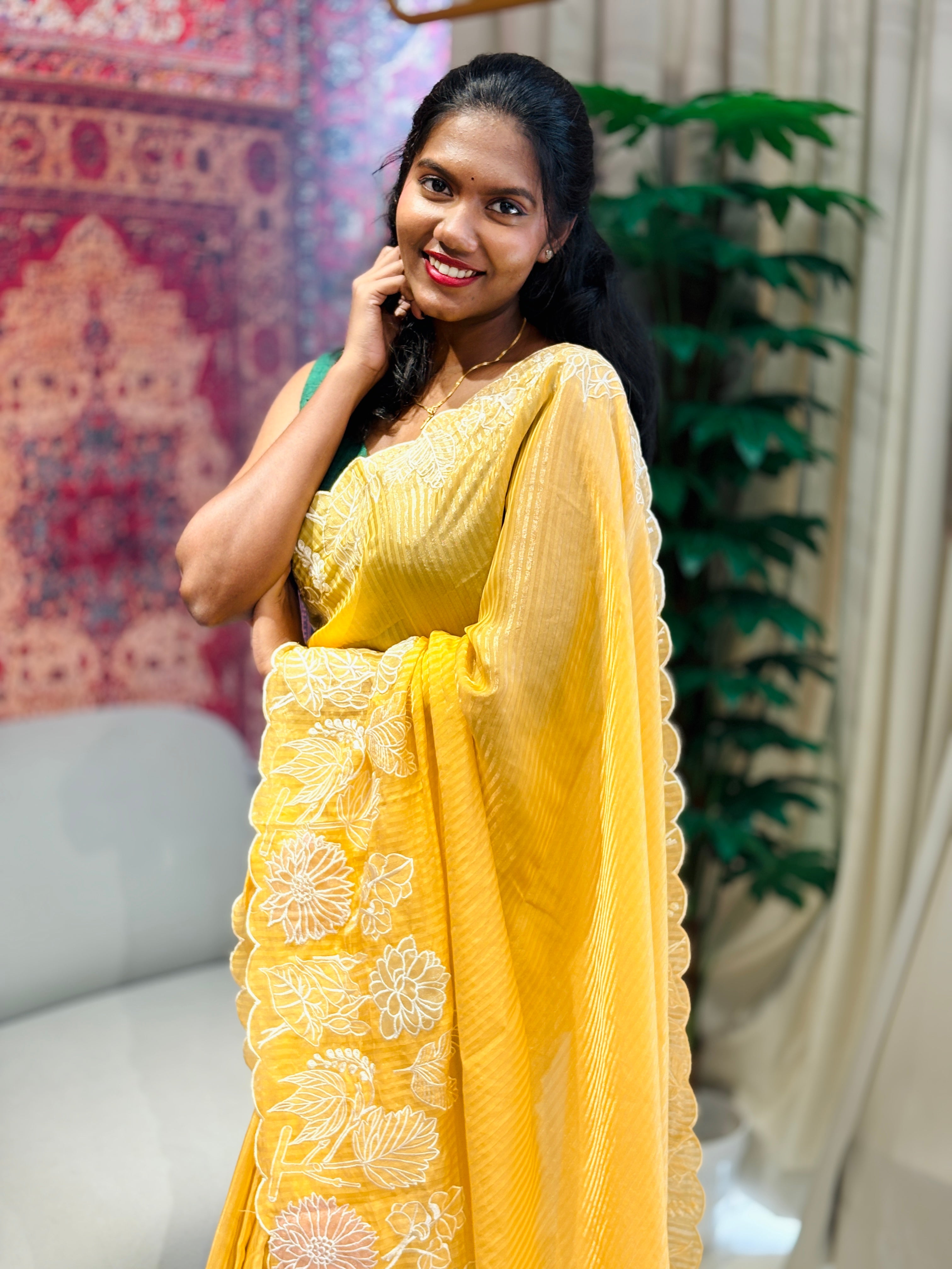 Applique Work Detailed Crushed Tissue Organza Saree | BLD1903