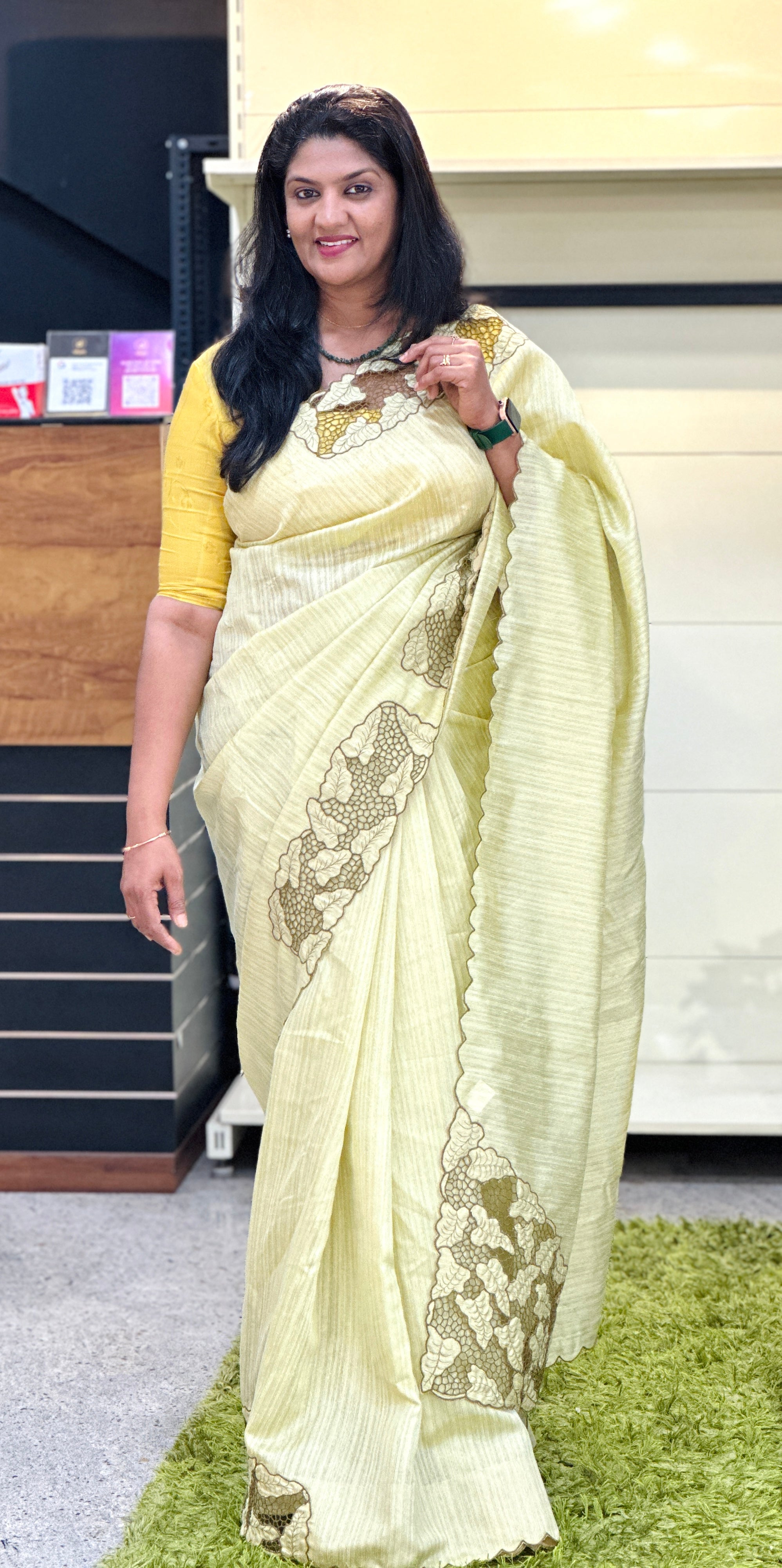 Twine Cut Work Placement Detailed Green Silk Saree | TC467