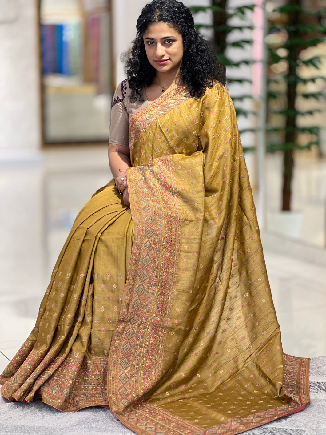 Floral Embroidered Desi Tussar Saree | RGD369