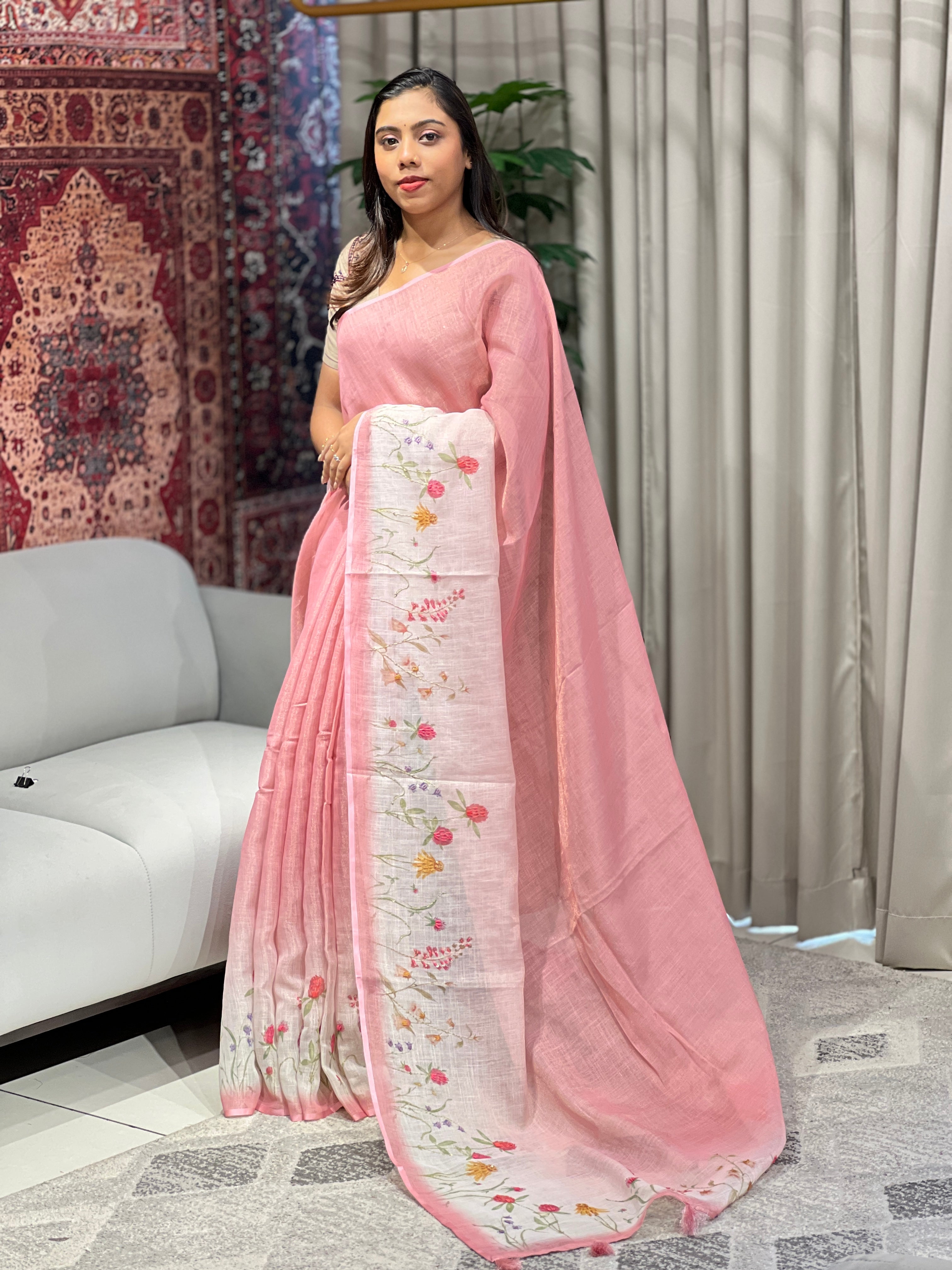 Floral Printed Tissue Linen Saree | BLD1750