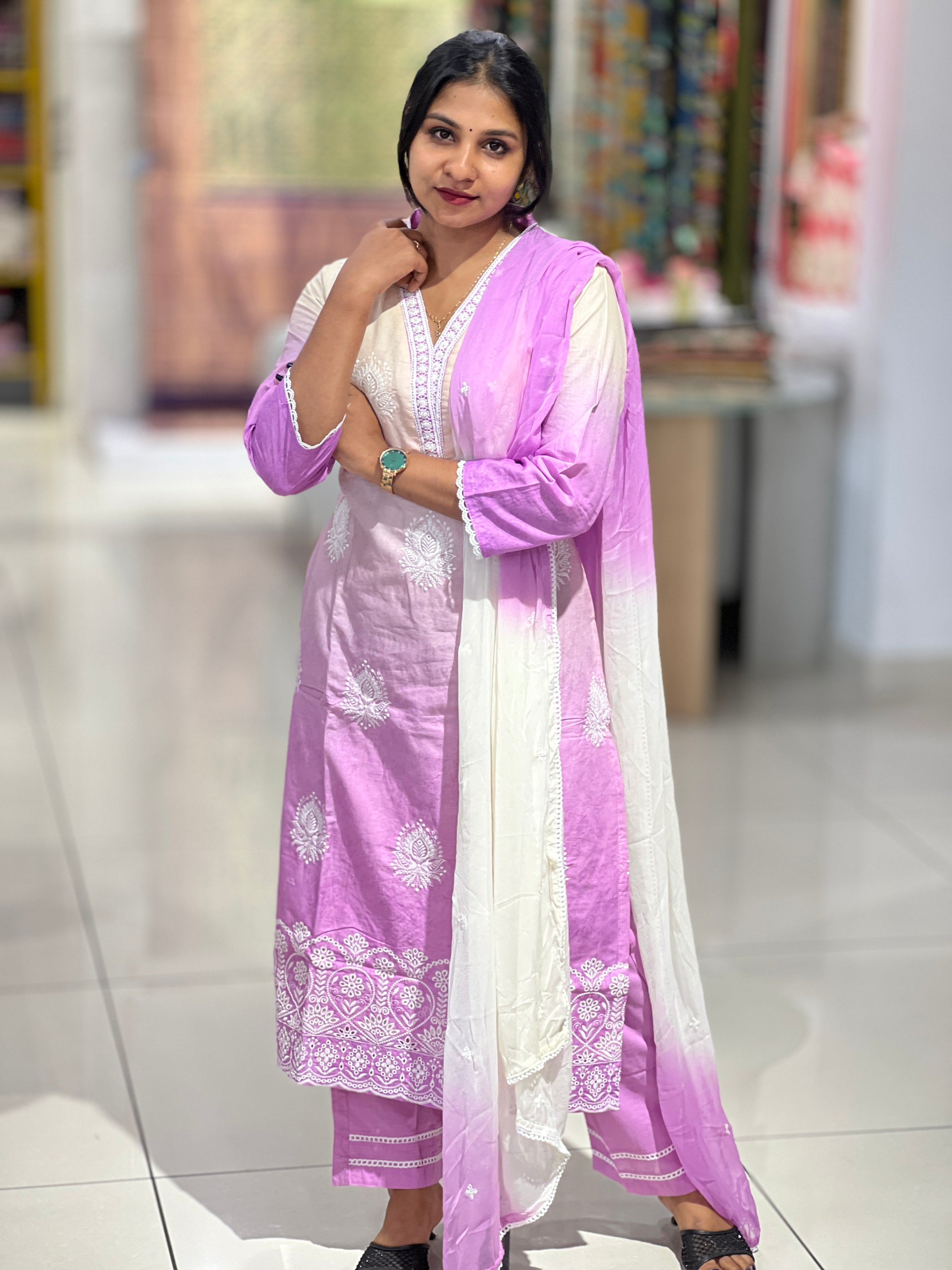 Thread Embroidered Double Shaded Cotton Kurta Set | FW294