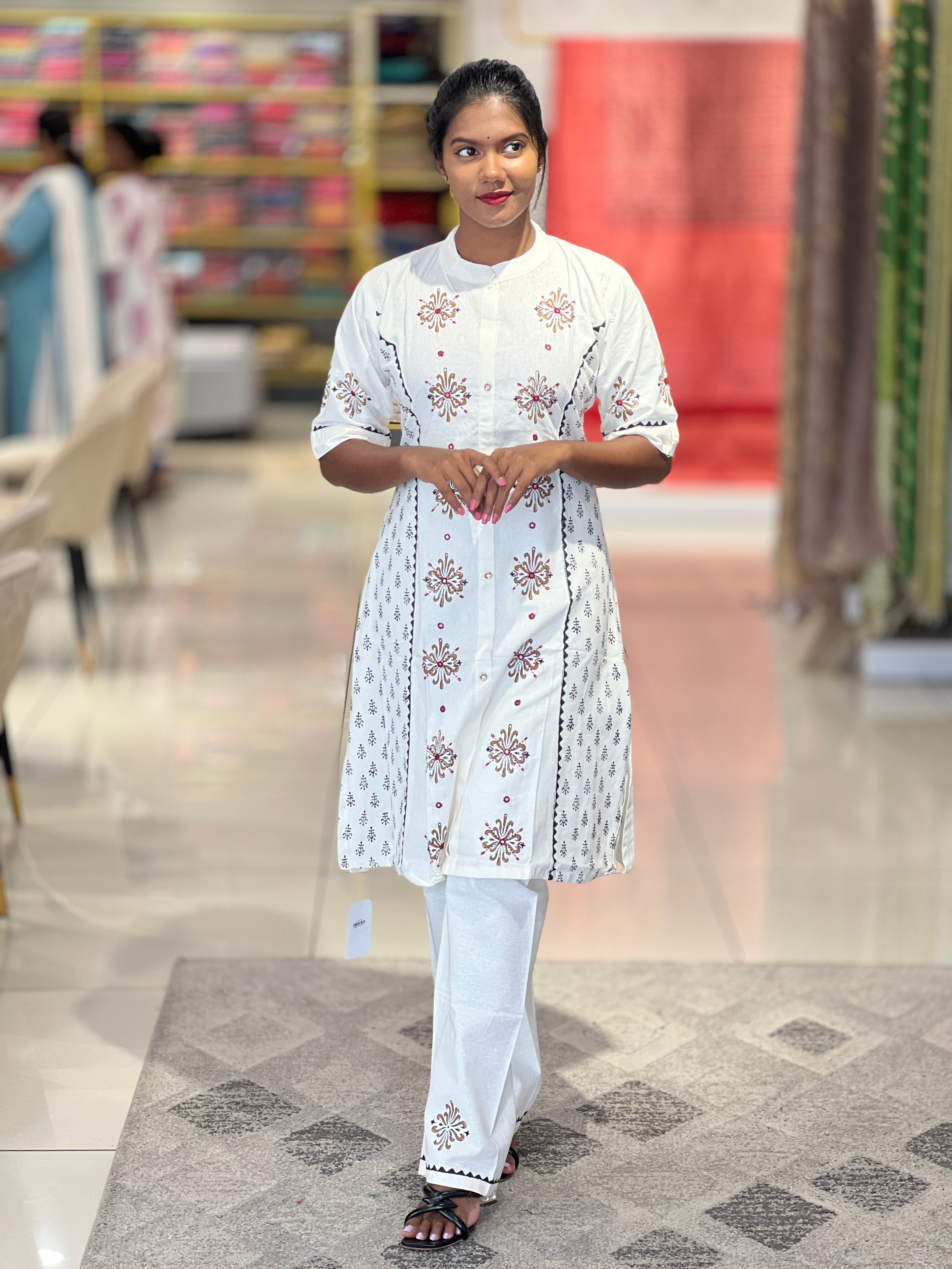 Print With Embroidery Highlighted Cotton Kurta Top & Bottom | MRC103