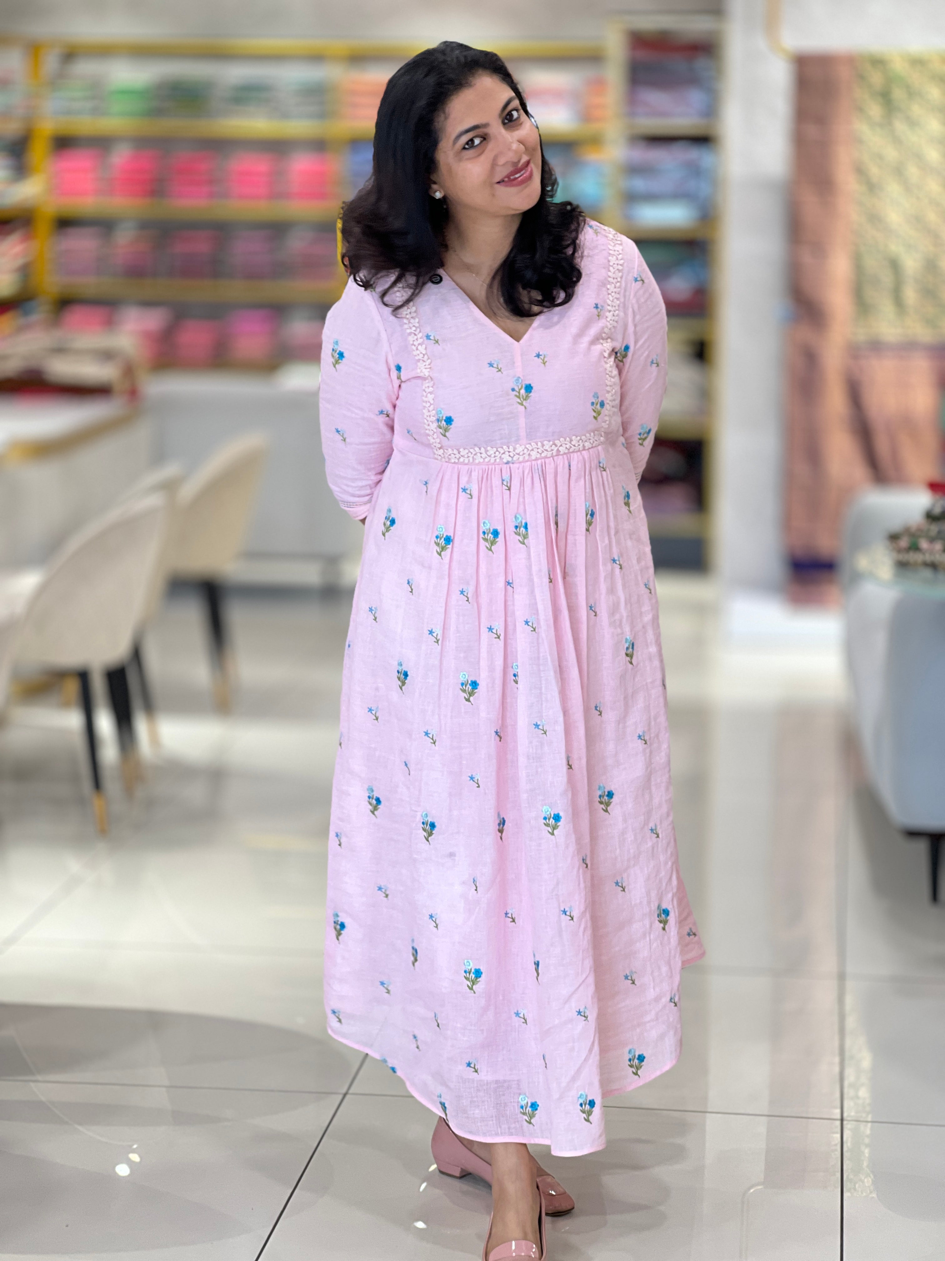 Floral Embroidered Linen Kurta Material | DN755