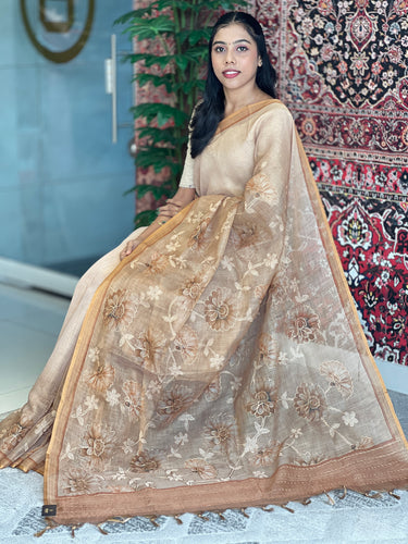 Floral Print With Pitta Work Highlighted Tissue Linen Saree | KSD273
