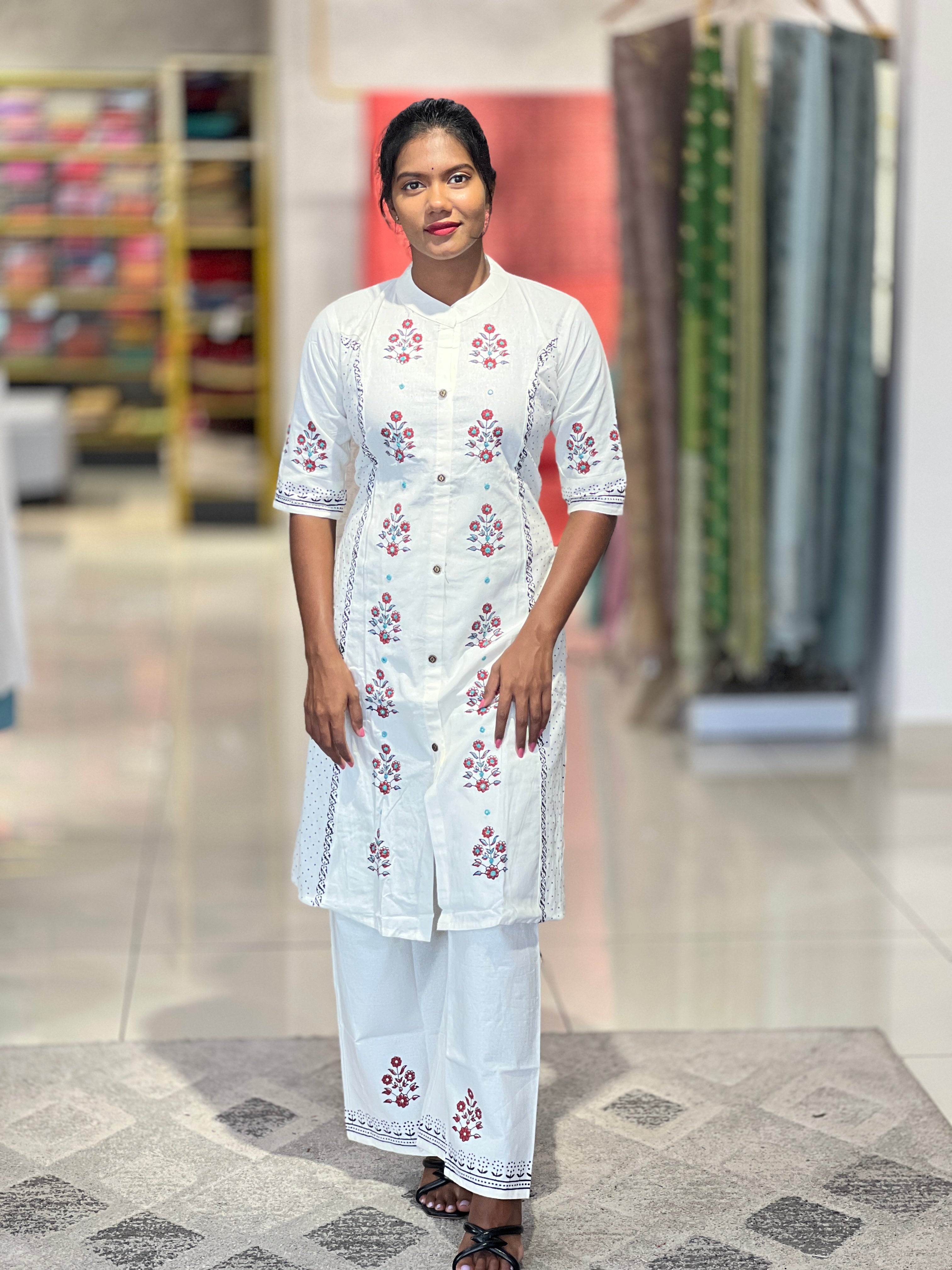 Print With Embroidery Highlighted Cotton Kurta Top & Bottom | MRC105