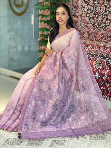 Floral Print With Pitta Work Highlighted Tissue Linen Saree | KSD275