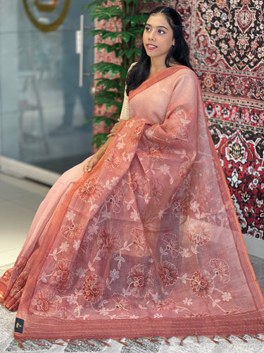 Floral Print With Pitta Work Highlighted Tissue Linen Saree | KSD274