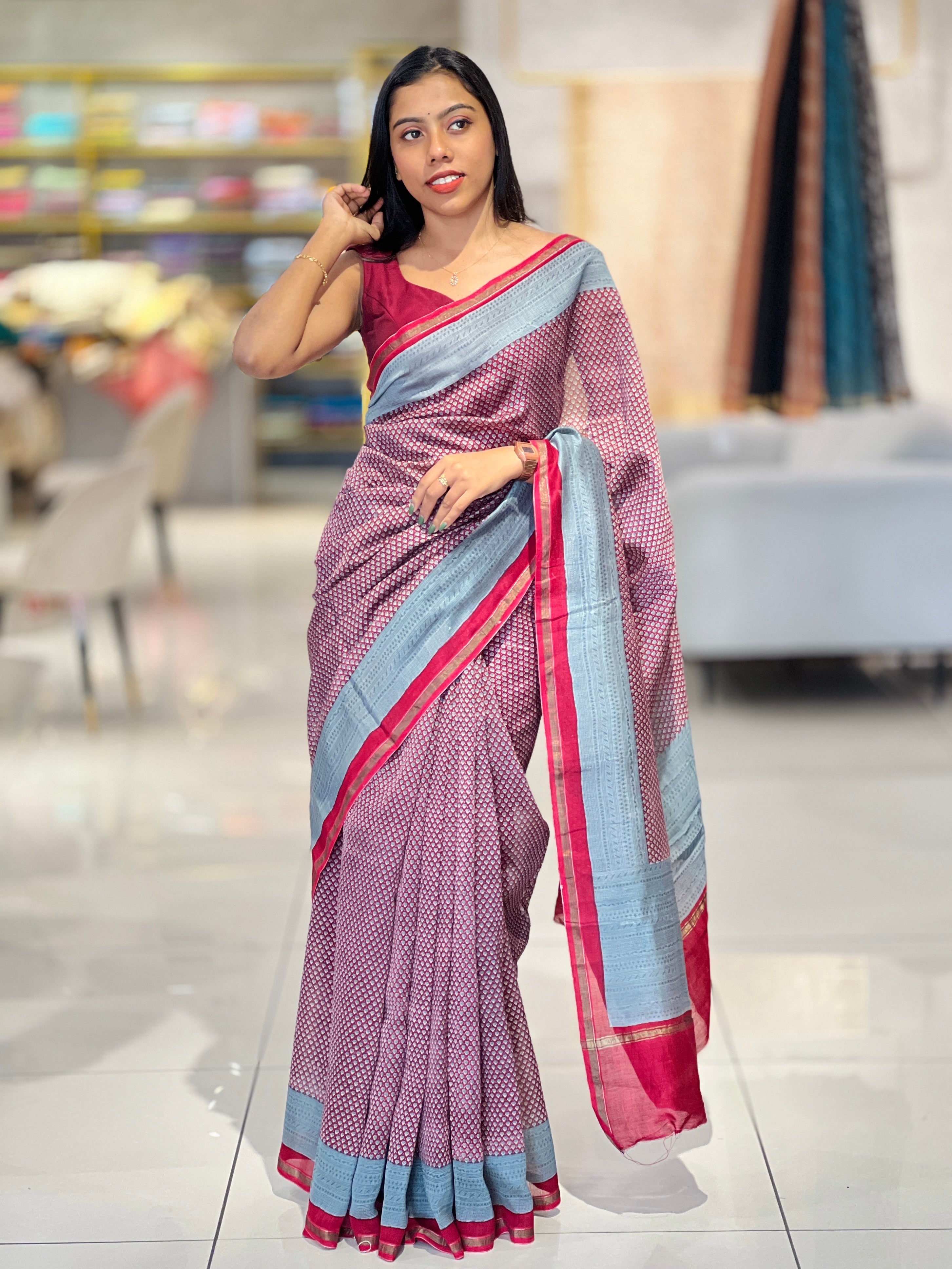 Screen Printed Chanderi Saree With Zari Borders | LP157