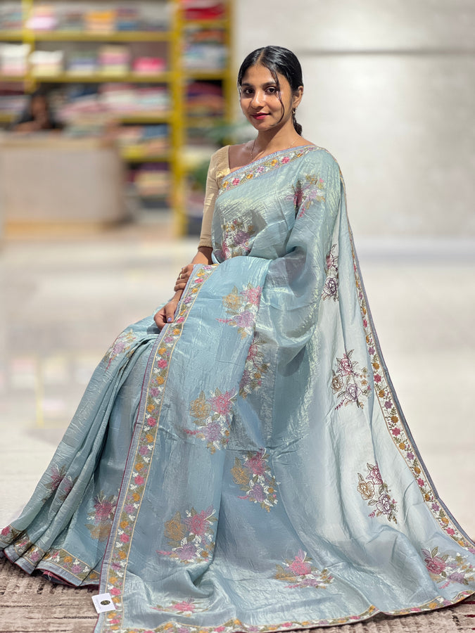 Floral Embroidered Glass Organza Saree | BLD556