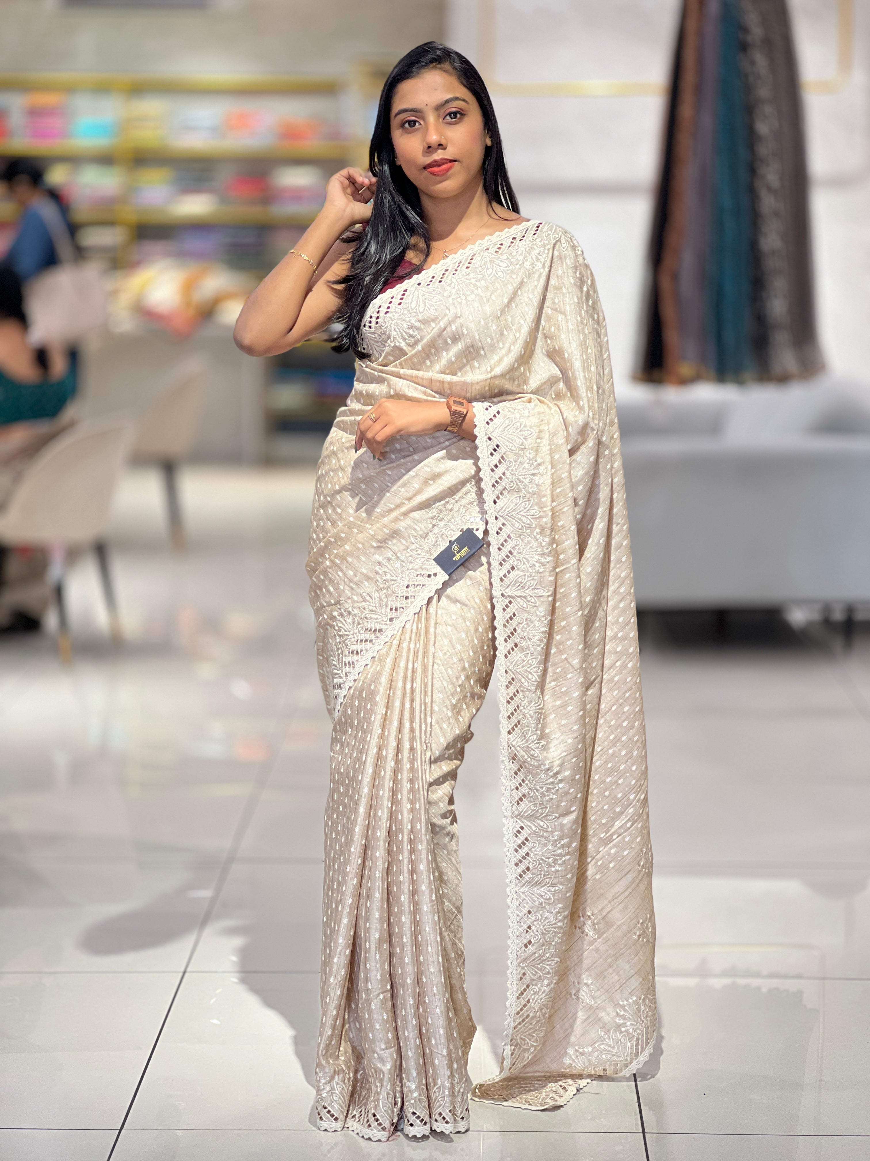 Machine Cutwork Embroidery Detailed Semi Tussar Saree | SVF111