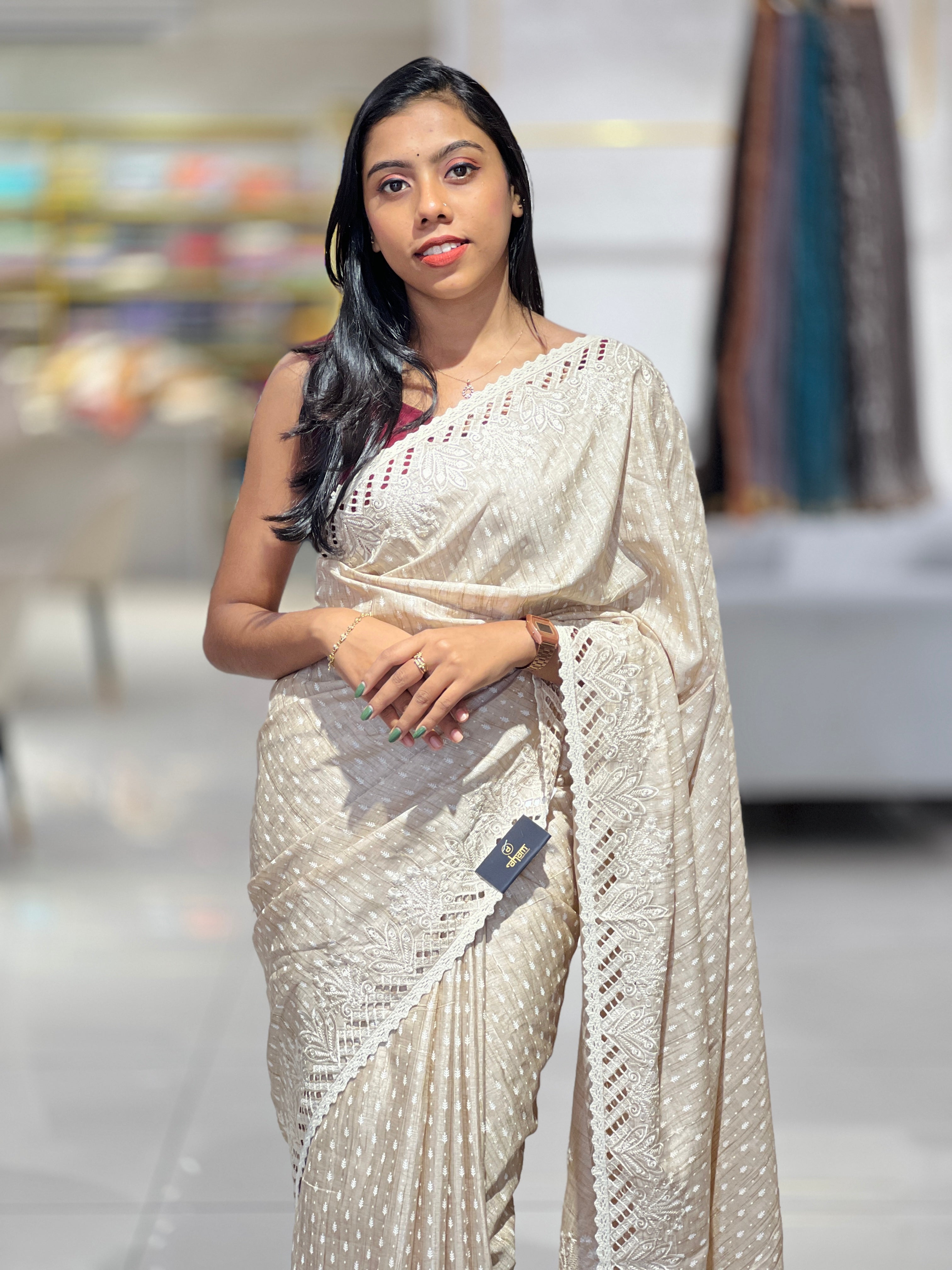 Machine Cutwork Embroidery Detailed Semi Tussar Saree | SVF111