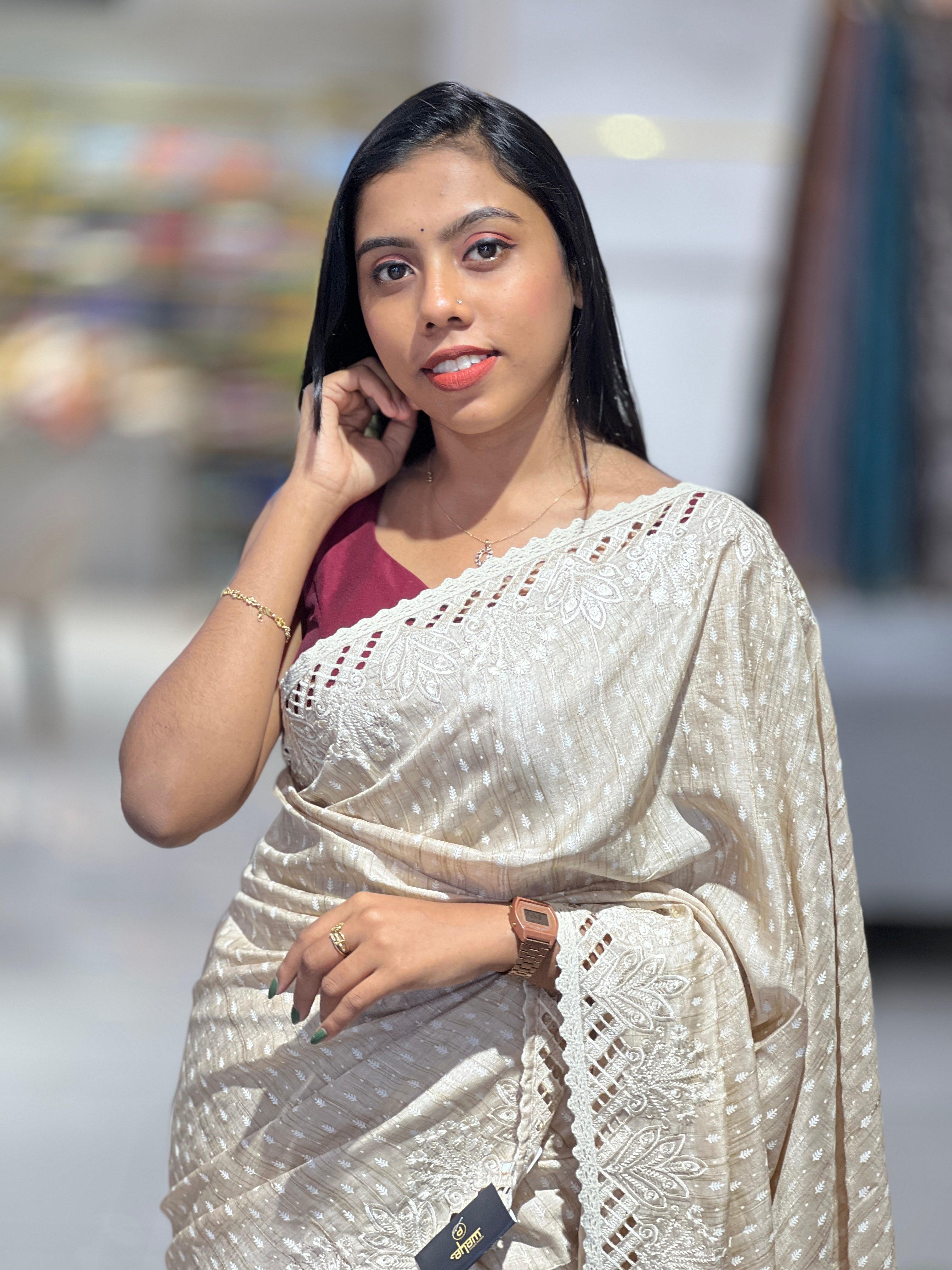 Machine Cutwork Embroidery Detailed Semi Tussar Saree | SVF111