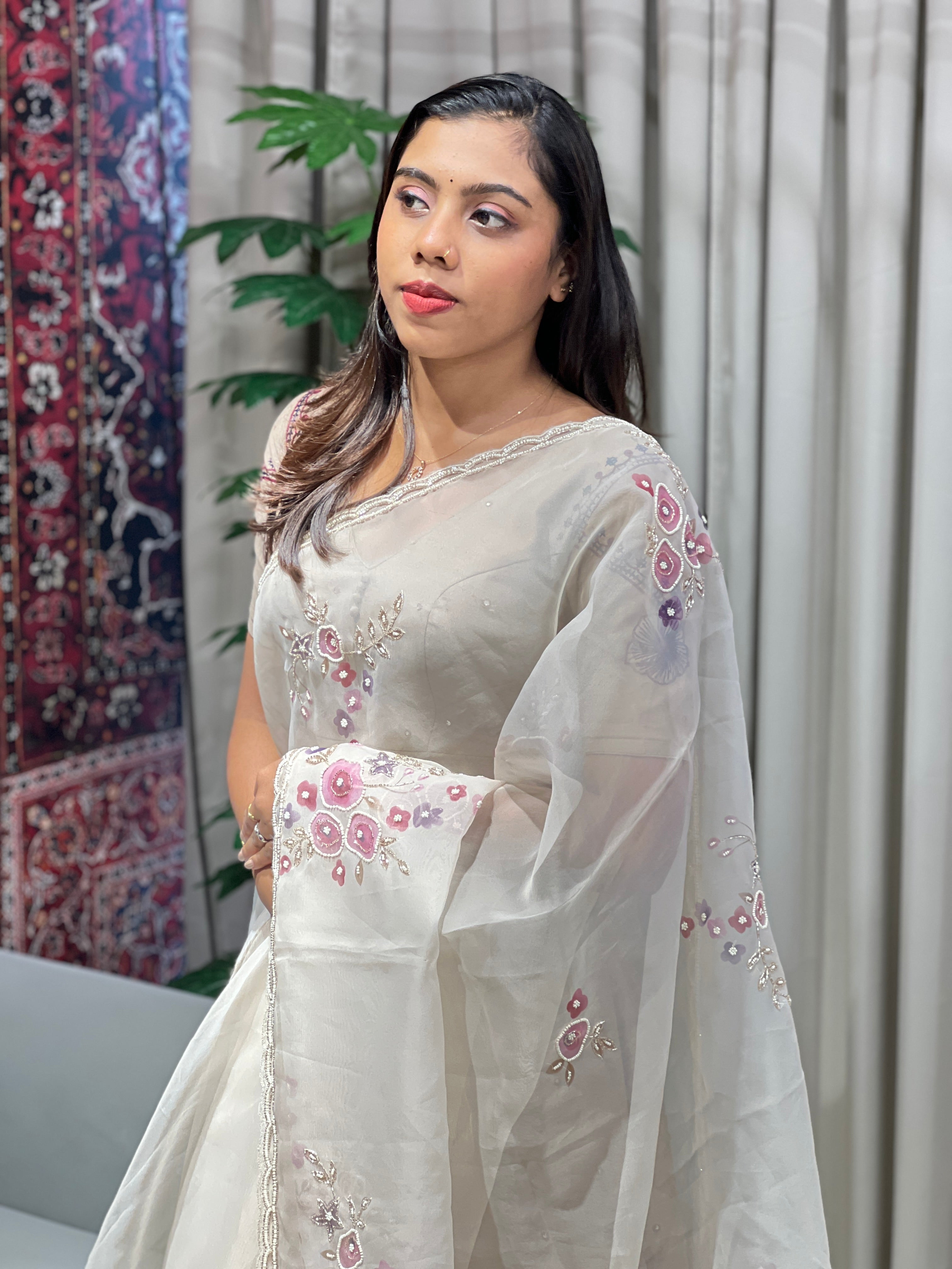 Floral Print With Hand Embroidery Detailed Organza Saree | BLD1827