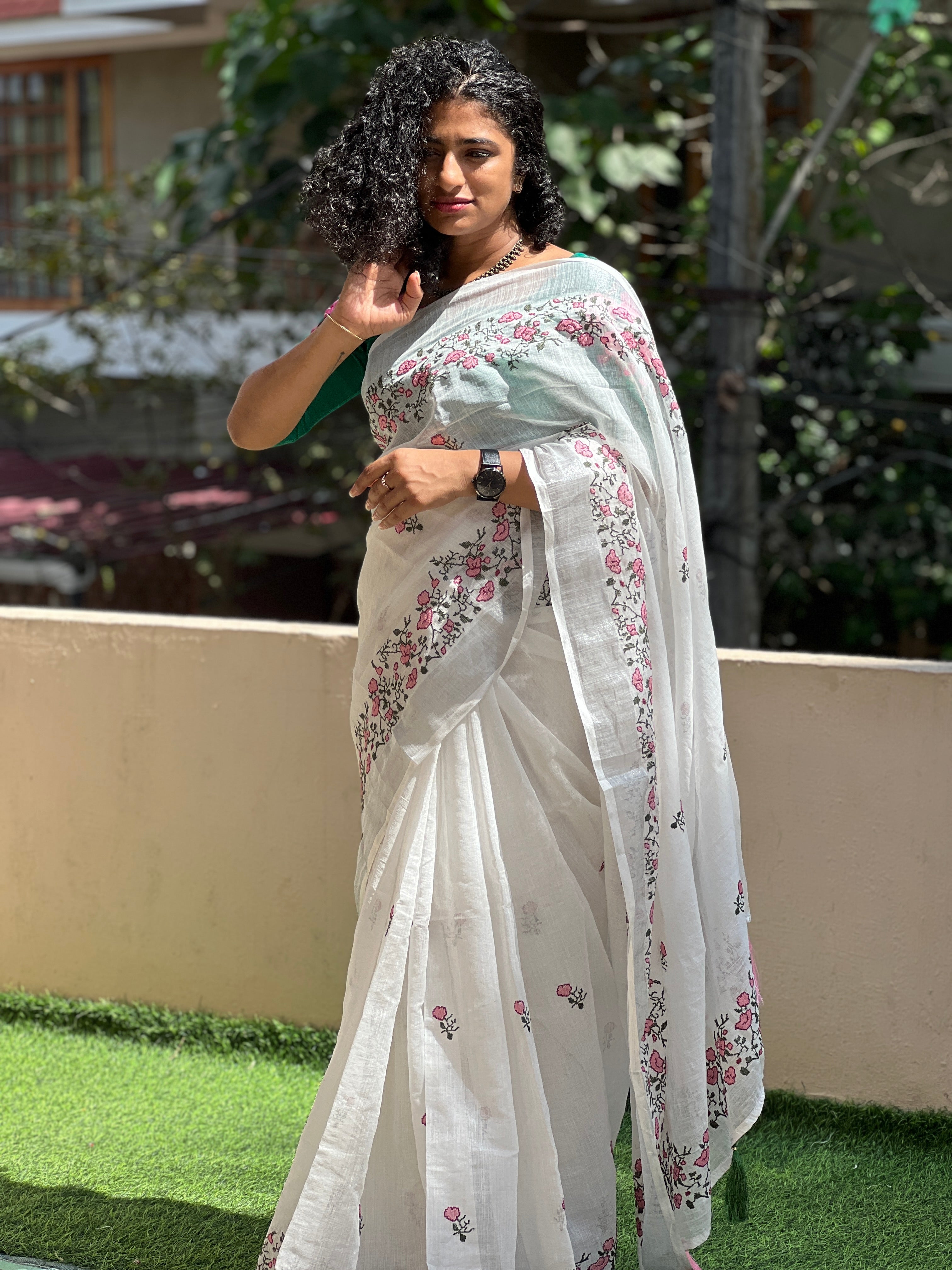 Floral Embroidery & Silver Zari Border Pattern Bhagalpuri Linen Saree | RP385
