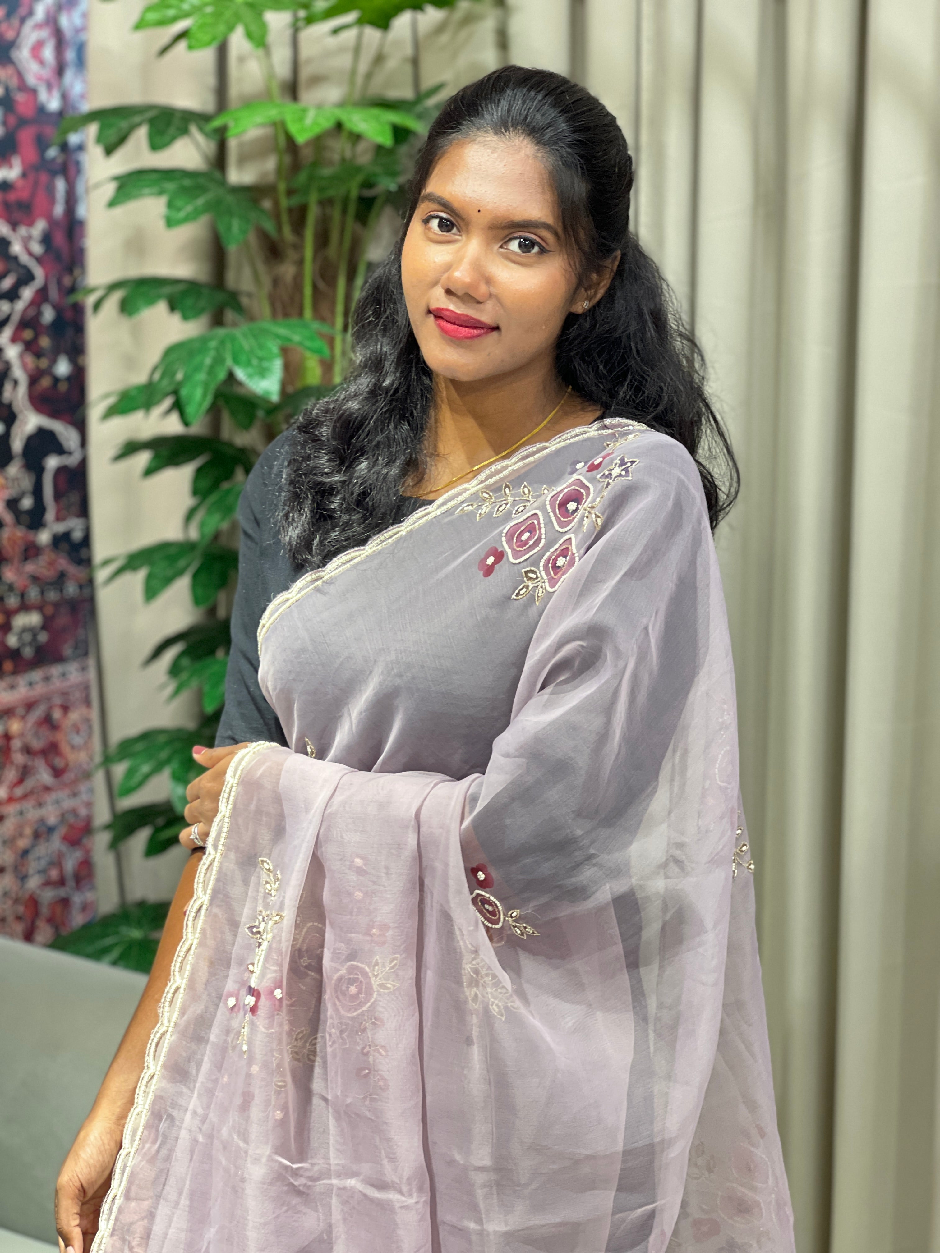 Floral Print With Hand Embroidery Detailed Organza Saree | BLD1828