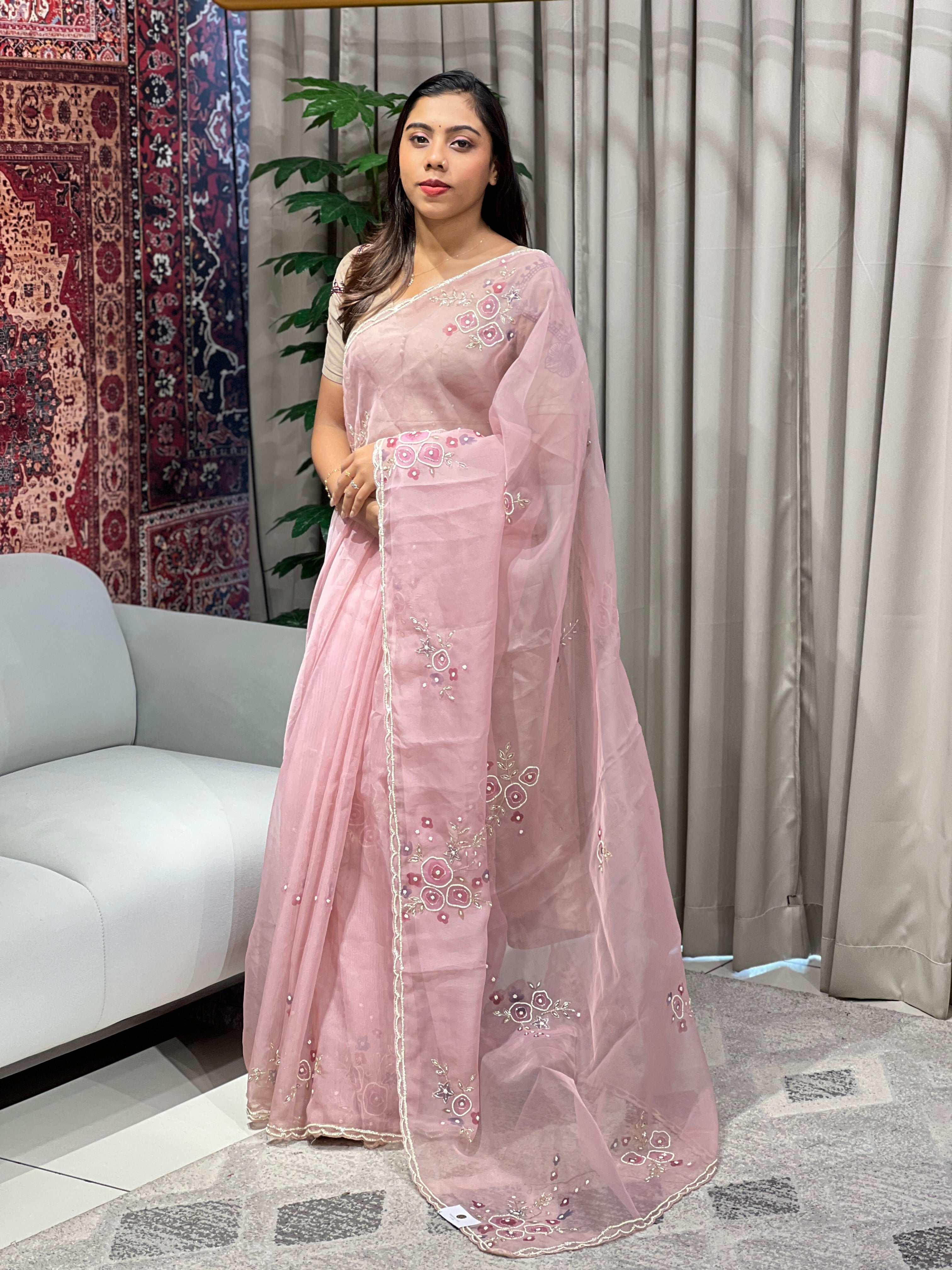 Floral Print With Hand Embroidery Detailed Organza Saree | BLD1824