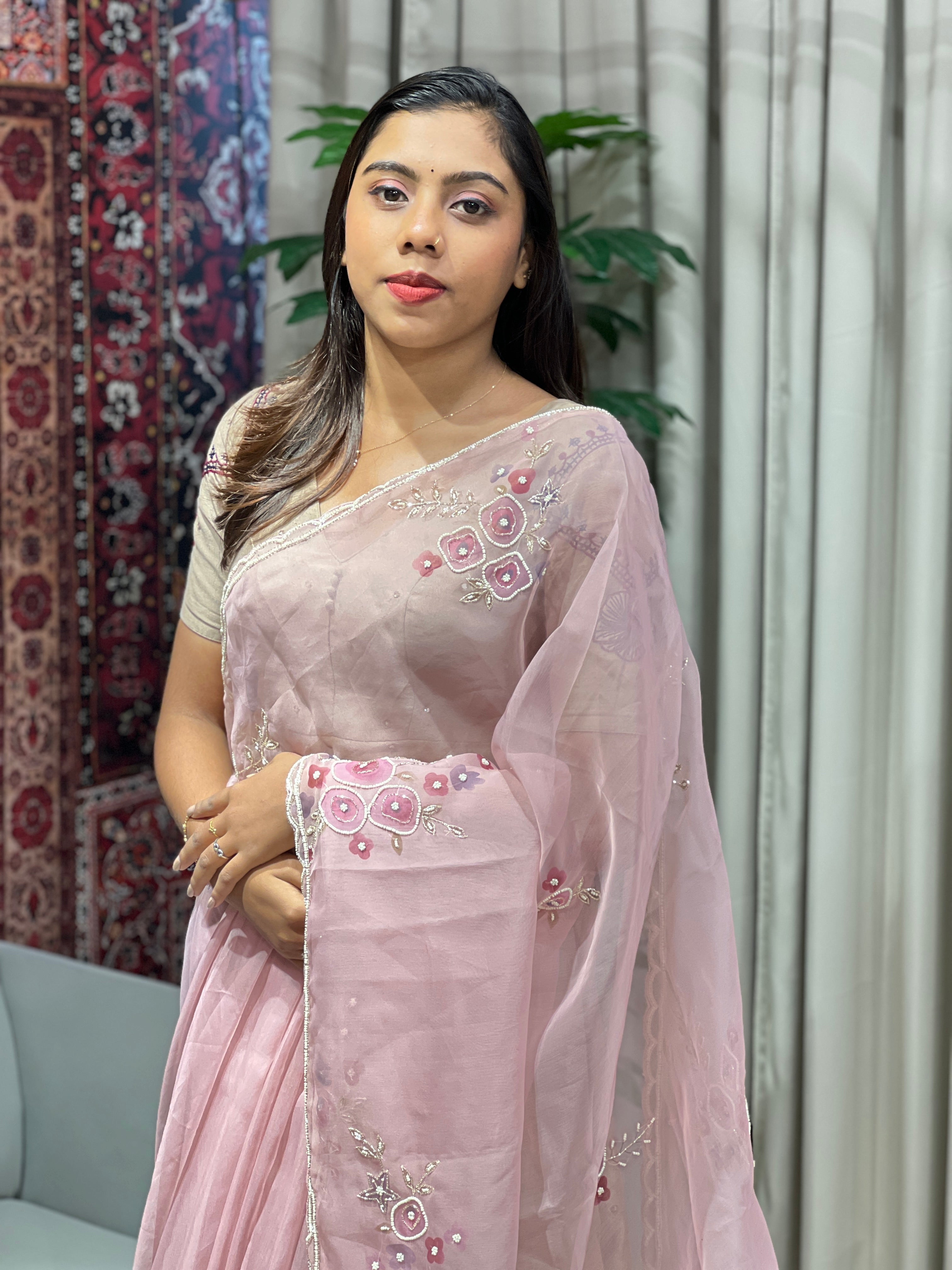 Floral Print With Hand Embroidery Detailed Organza Saree | BLD1824